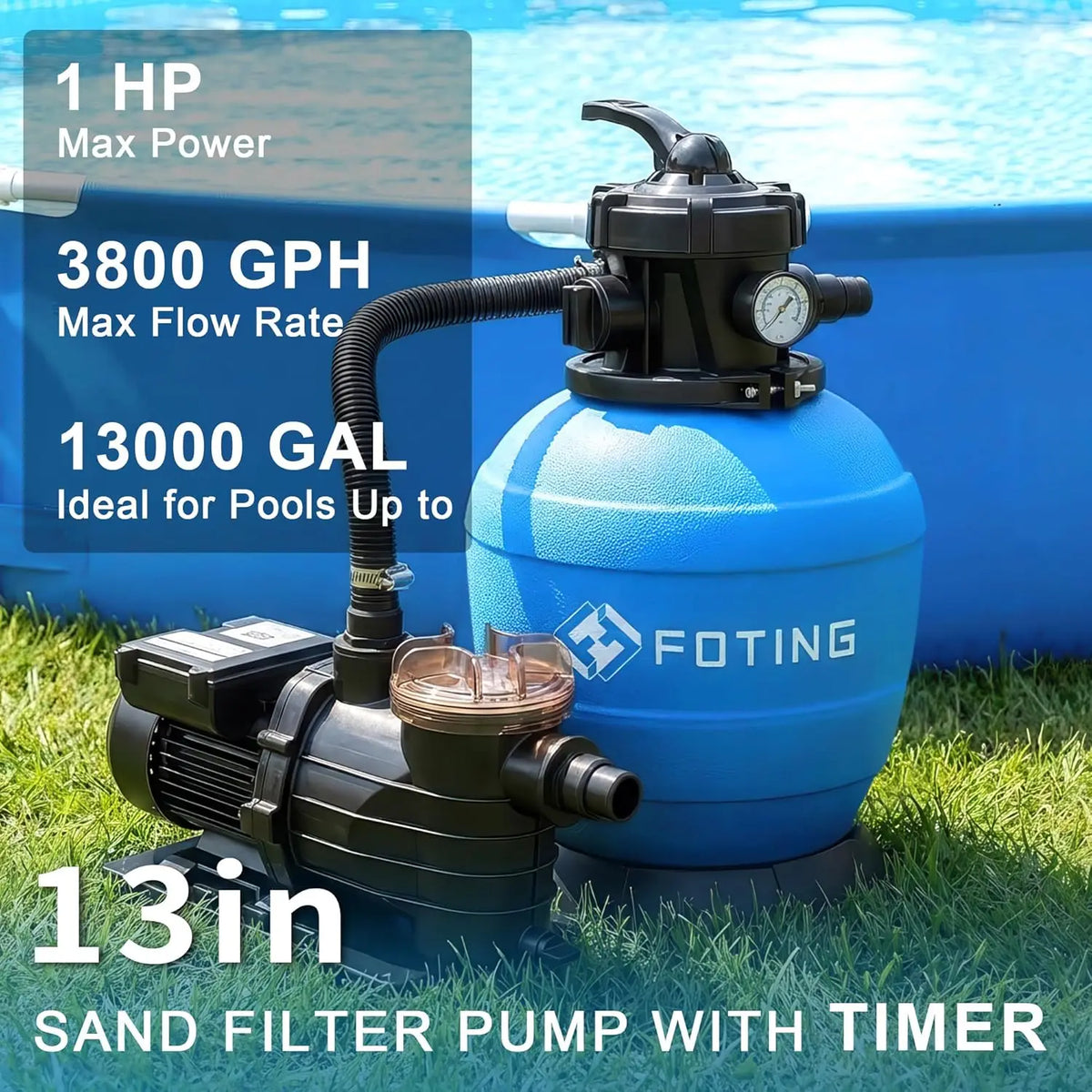 Foting Sand Filter Pump with Timer for Above Ground Pool, Pool Pump Above Ground with 7-Way Multi-Port Valve, Pool Sand Filter for High-Efficient Filtration & Circulation