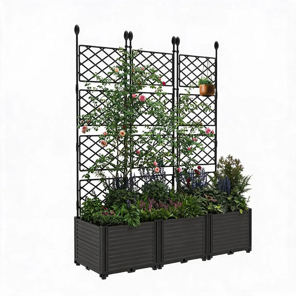 Modular Raised Garden Bed Planter Box Kit with Metal Trellis Stackablefor Climbing Plants Veggies and Flowers,Decorative Fence Privacy Panels