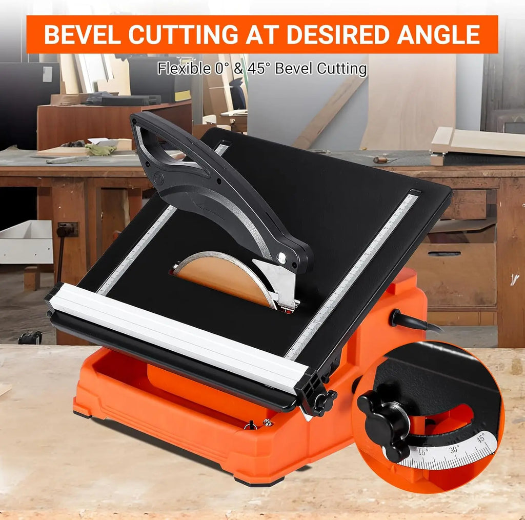 TACKVIEW Wet Tile Saw, 6500 RPM Copper Motor Tile Cutter, 0-45° Bevel Cutting, Built-In Water Tray with Rip Fence, Miter Gauge for Ceramic Stone Tile