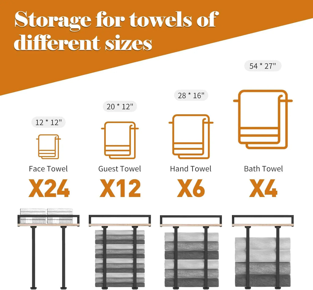 Towel Racks for Bathroom Wall Mounted, Metal Towel Holder with Wooden Shelf for Folding Large Towels, Towel Storage for Small Ba