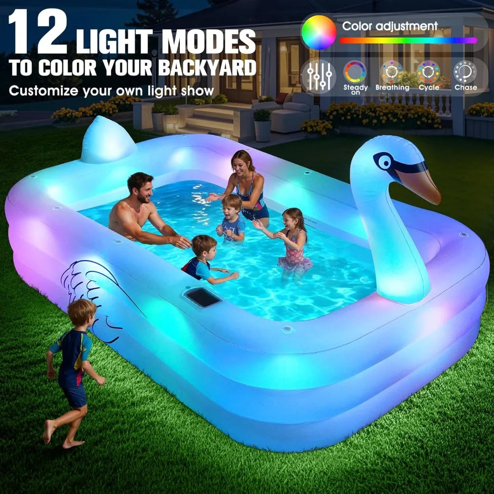 Solar Swan Inflatable Pool with Lights, Oversized Thickened Family Pool 100"x63"x20"