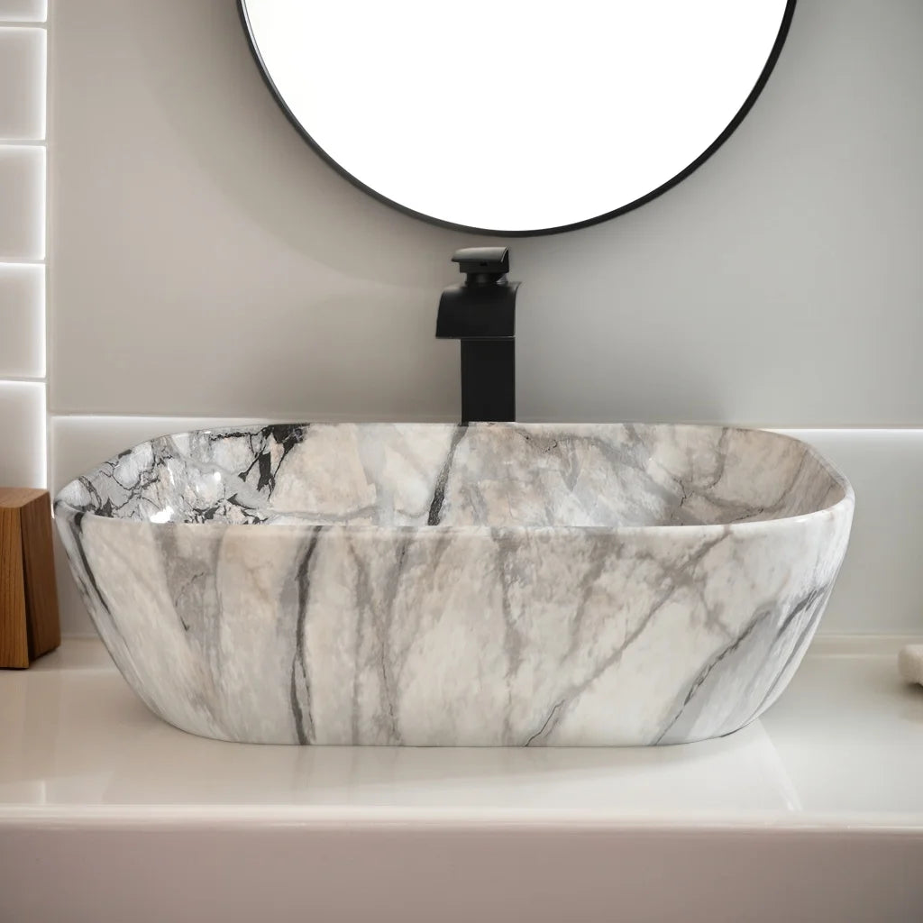 ZAPPO Artistic Marble Pattern Ceramic Sink Set, Black Matte Faucet Combo, Modern Bathroom Above-Counter Basin.
