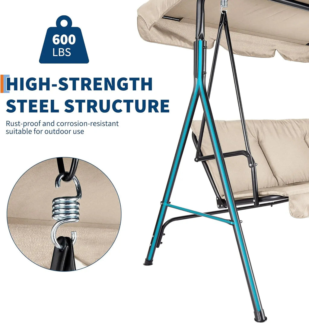 Outdoor Swing Chair with Adjustable Canopy, 3 Seat Stable Metal Frame Porch Swing Heavy Duty Stand Swing for Backyard Patio Lawn, Available in Red or Green