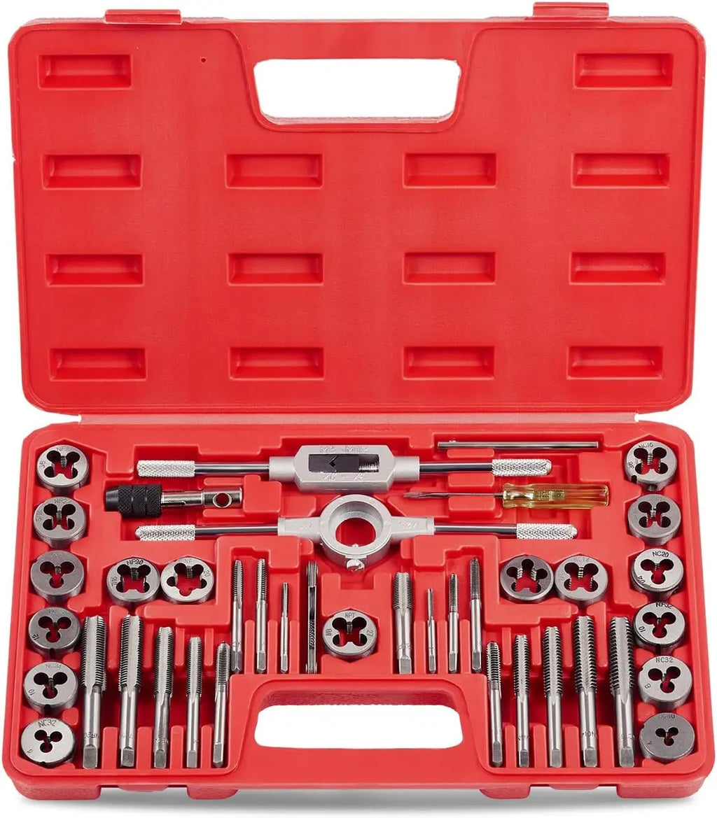 SAE Tap and Die Set Standard | #4, 6, 8, 10, 12, 1/4, 5/16, 3/8, 7/16, 1/2" Thread Repair Kit for Internal and External Threads