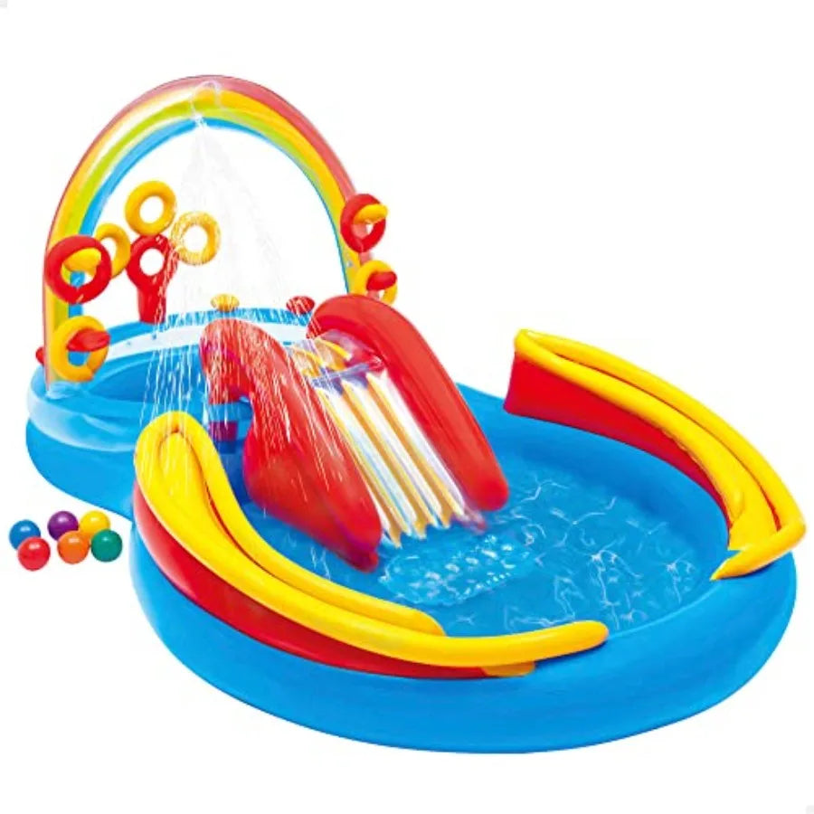 Intex 9.75 Foot x 6.3 Foot x 53 Inch Multicolor Rainbow Slide Inflatable Pool with Water Slide and Ring Toss
