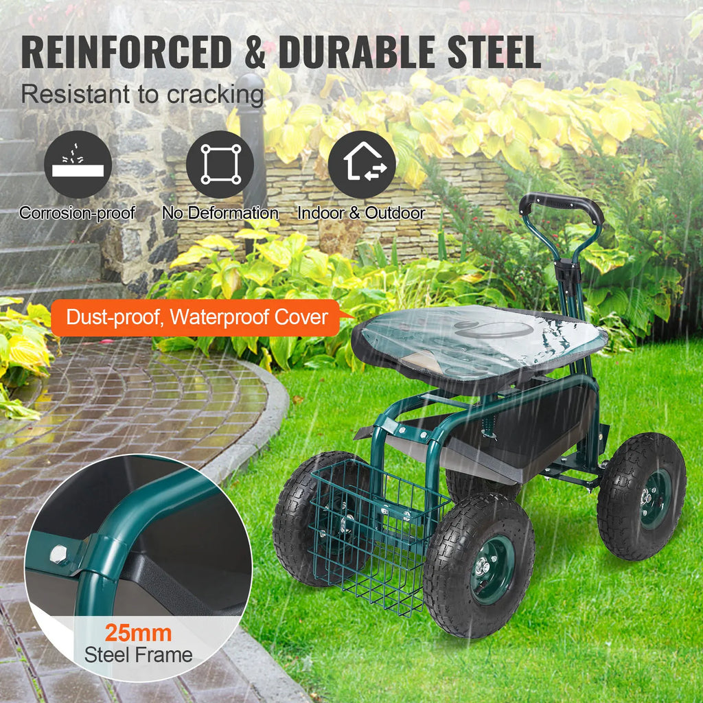 SucceBuy Garden Cart Rolling Work seat with Wheels Gardening Stool for Planting 360Degree Swivel Seat Wagon Scooter with Steering Wheel