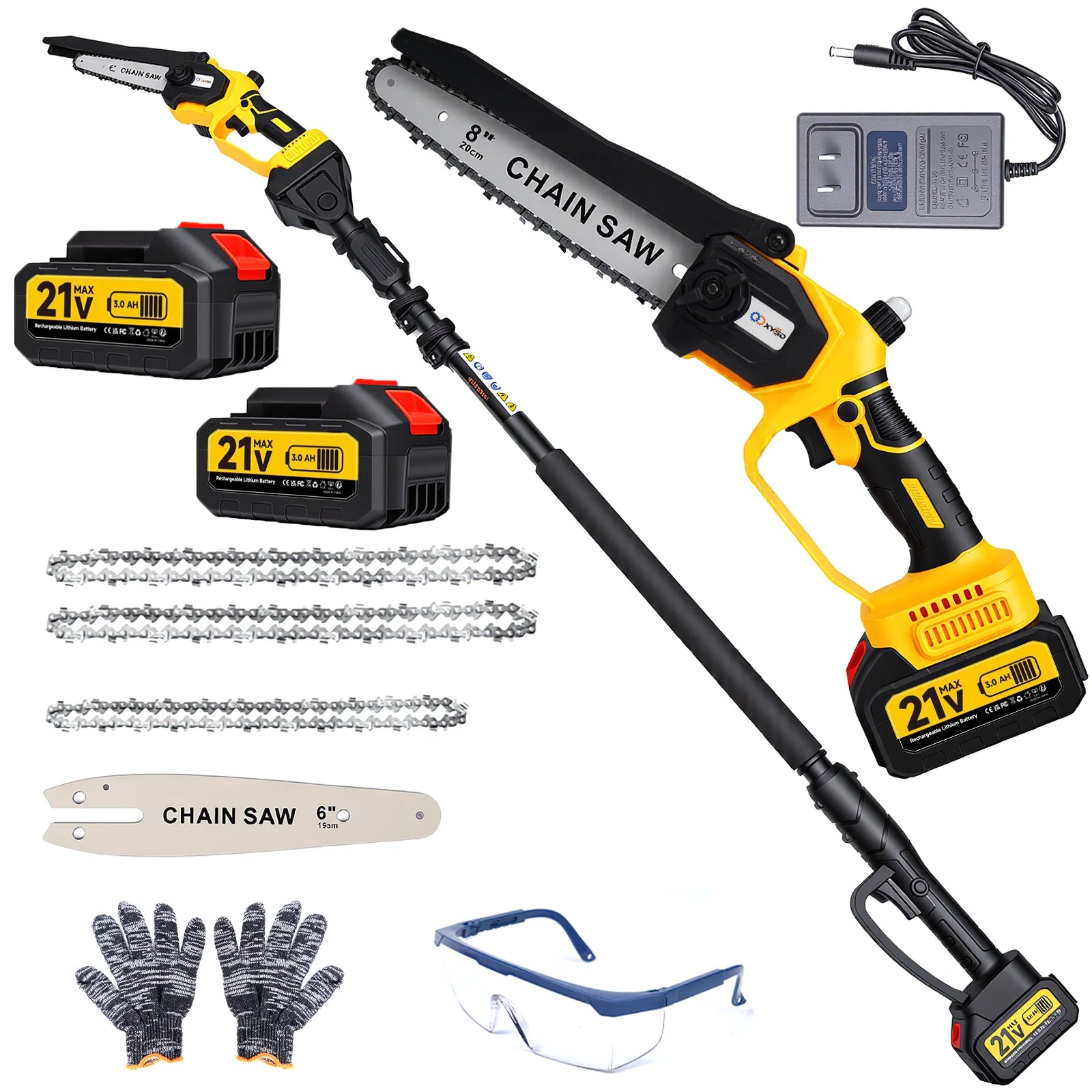 Cordless Pole Saw & Mini Chainsaw, 6" & 8" Electric Tree Trimmer with Extension Pole, Handheld Chain Saw for Branch Cutting