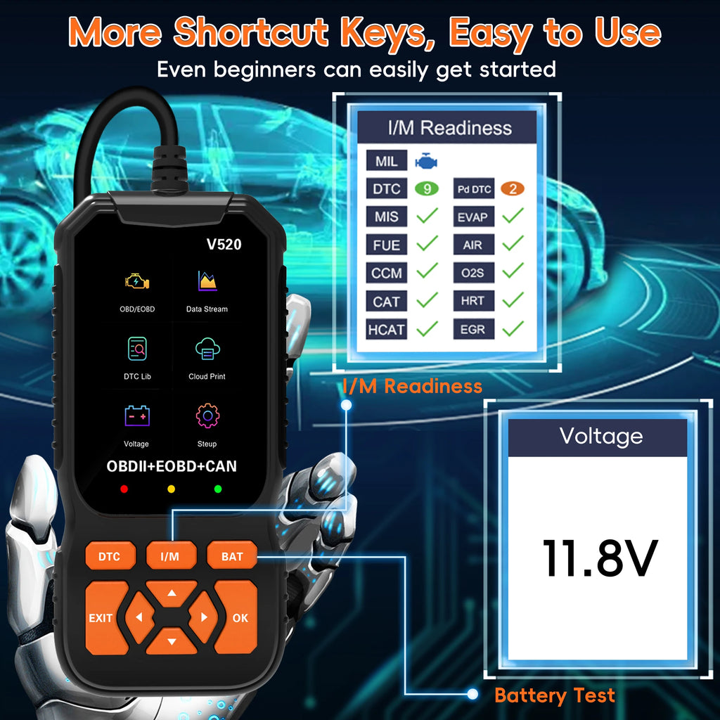 V520 OBD2 Scanner Diagnostic Tool Code Reader for All OBDII Cars | Read & Clear Engine Codes, Live Data Stream, Battery Test, I/M Readiness, O2/EVAP Test, OBDII/EOBD