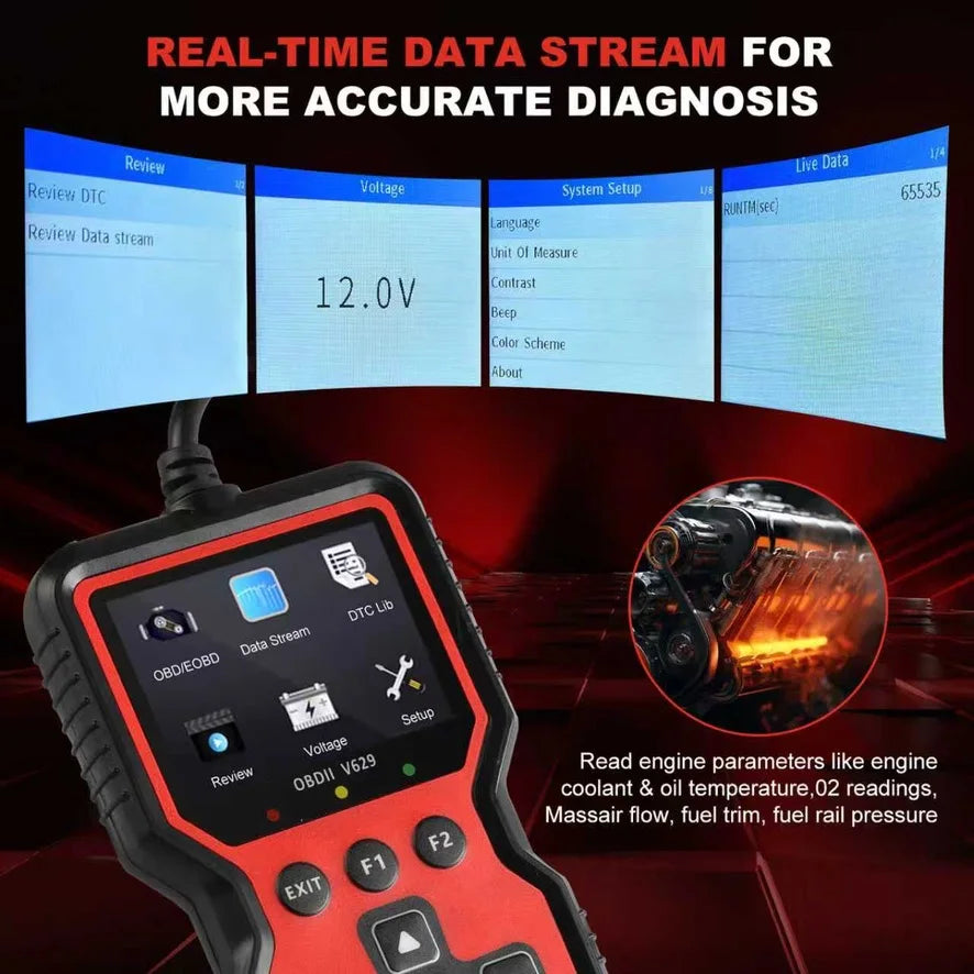 V629 OBD-II Car Fault Code Reader, 12V Gasoline Vehicle Scanner for DIY & Repair Shop, Read & Clear Engine Trouble Codes, View Live Data
