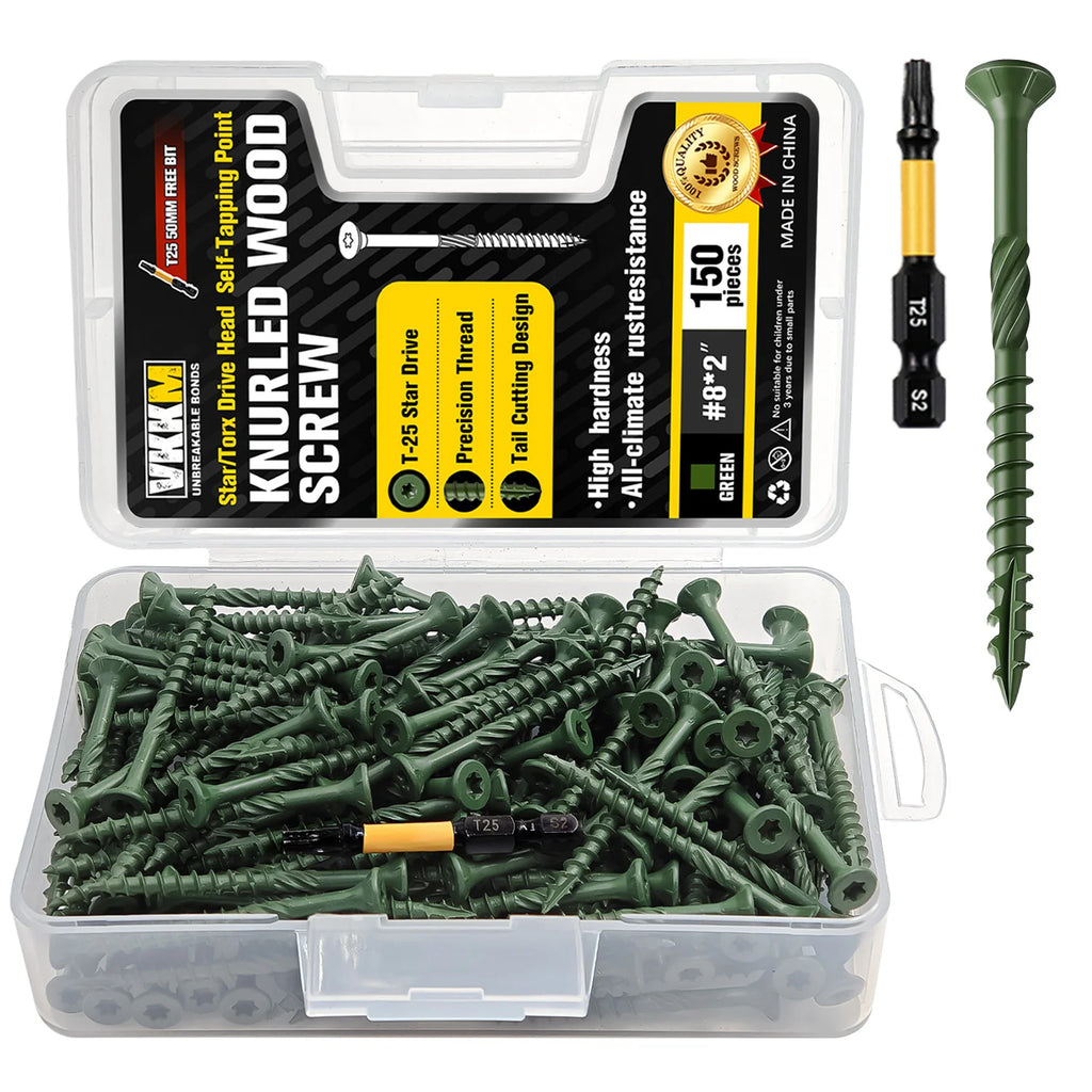 VKKM 150Pcs #8x2" Green Wood Screws Kit, T25 Star Drive Self-Tapping with 50mm Free Bit, All-Climate Anti-Rust – Great for Indoor & Outdoor Projects (Shelves, Framing, Repairs)