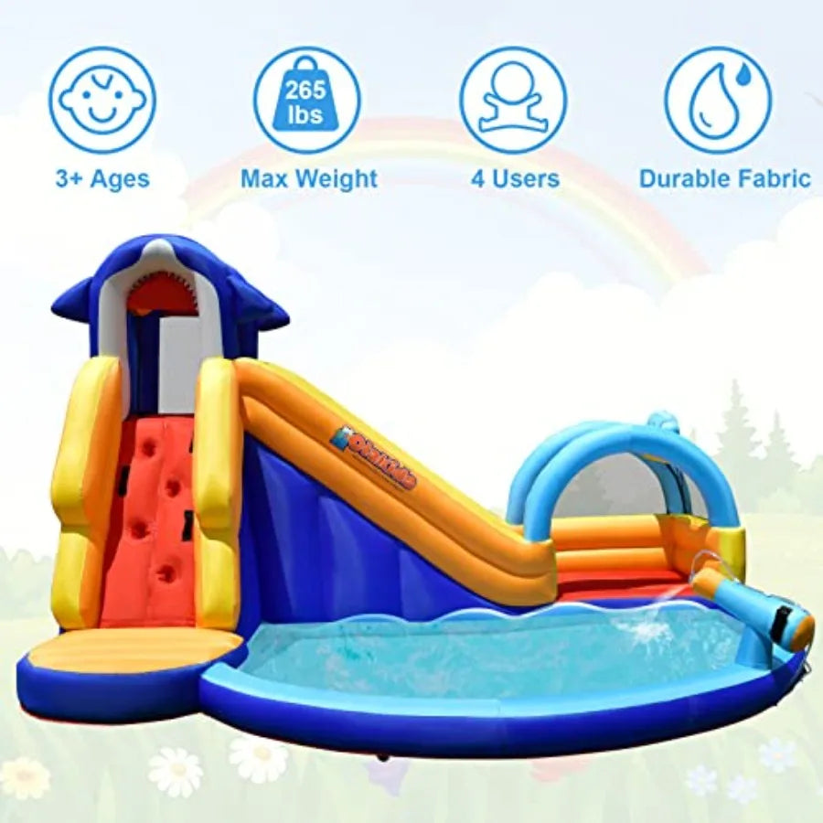 OlaKids Outdoor inflatable water slide for backyard use PVC material blue and gray 14FT x 10FT x 8.5FT shark theme with splash pool, stairs & water cannon