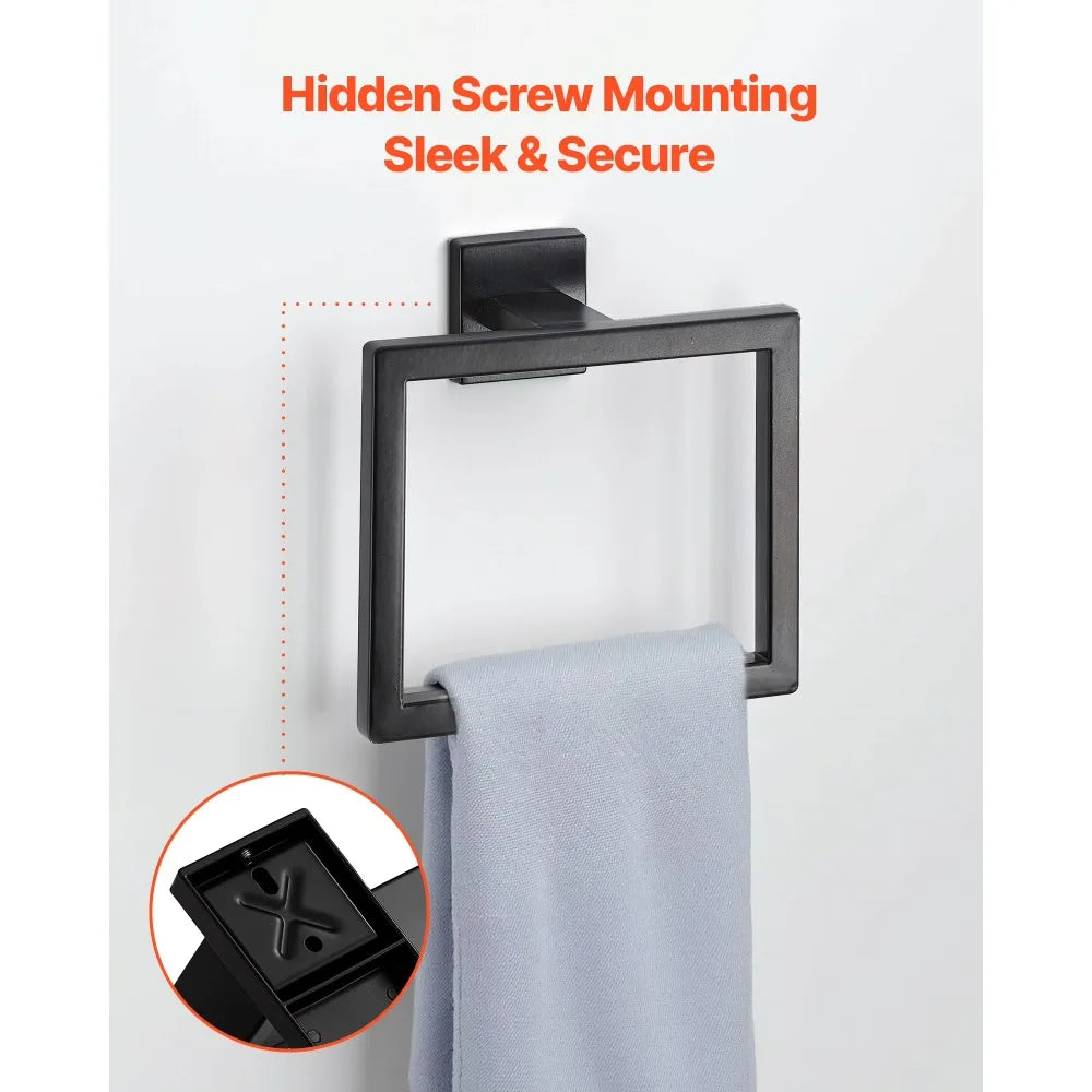 Matte Black Bathroom Hardware Set 5 Pieces Stainless Steel Towel Bar Rack 16 Inch Towel Holder 2 Robe Hooks Toilet Paper Holder Wall Mounted Bathroom Accessories