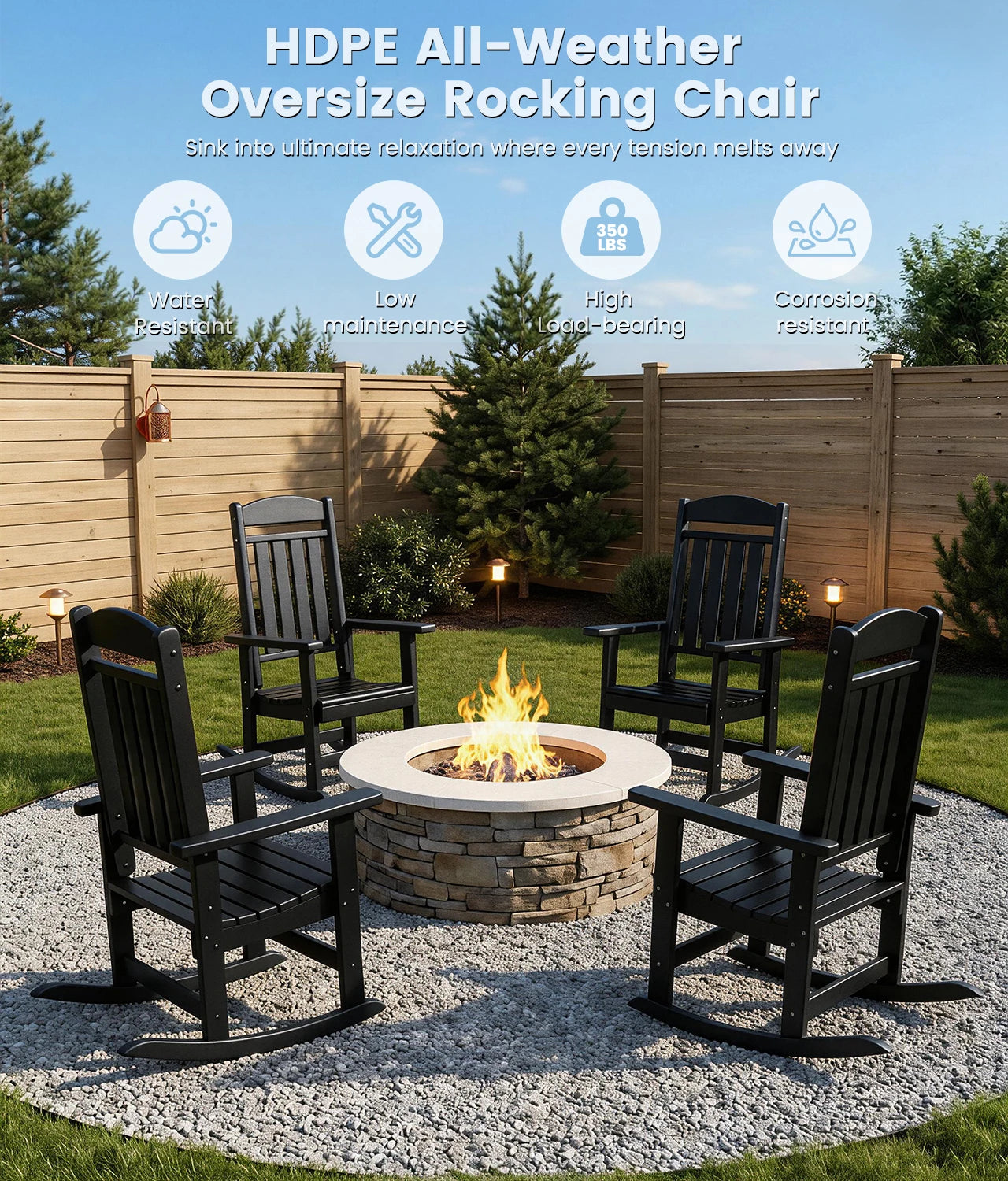 FOOWIN 2pcs Oversized High Back Outdoor Patio Rocking Chair All Weather HDPE Porch Rocker Adult Garden Lawn Indoor
