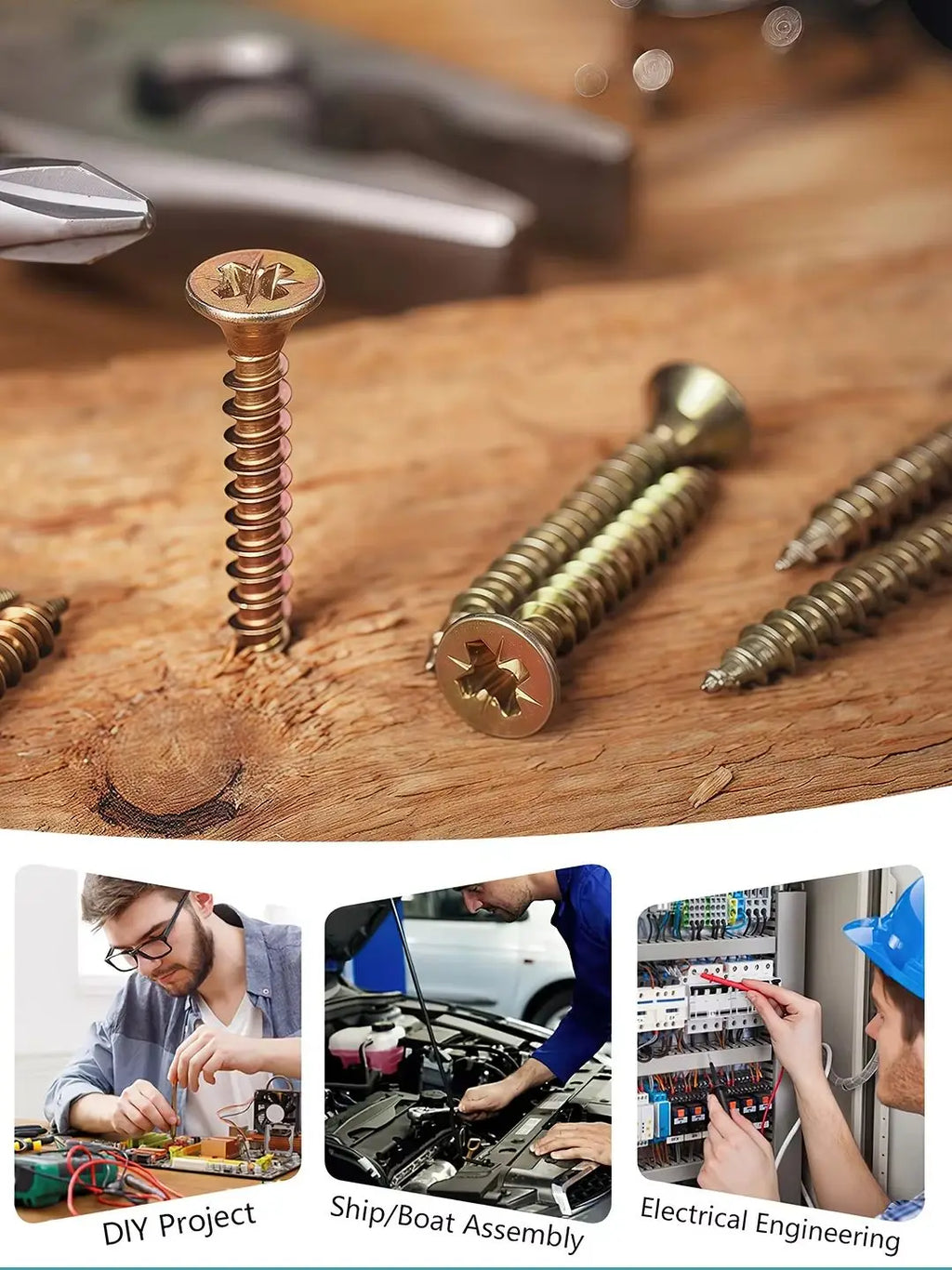 1350pcs Carbon Steel Phillips Wood Screws Assortment Kit, Flat-Head And Phillips Designs, Common Sizes M3.5/M4/M5/#8, Heavy Duty Self-Tapping Fasteners with Anti-Slip Matching Wrench, Sturdy Double Layer Storage Box, Hardware