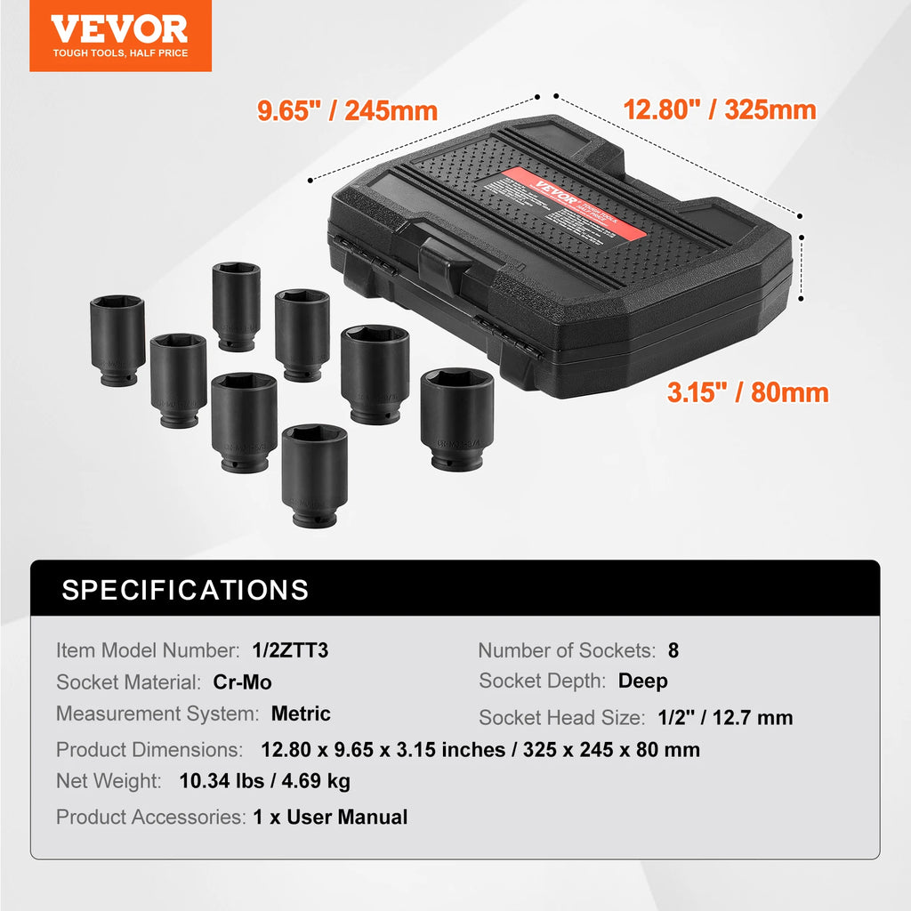 SucceBuy Axle Nut Impact Socket Set, 1/2" Drive, Deep 12-Point, 8-Piece Metric Spindle Nut Socket Set, CR-MO Heat Treated Socket Set