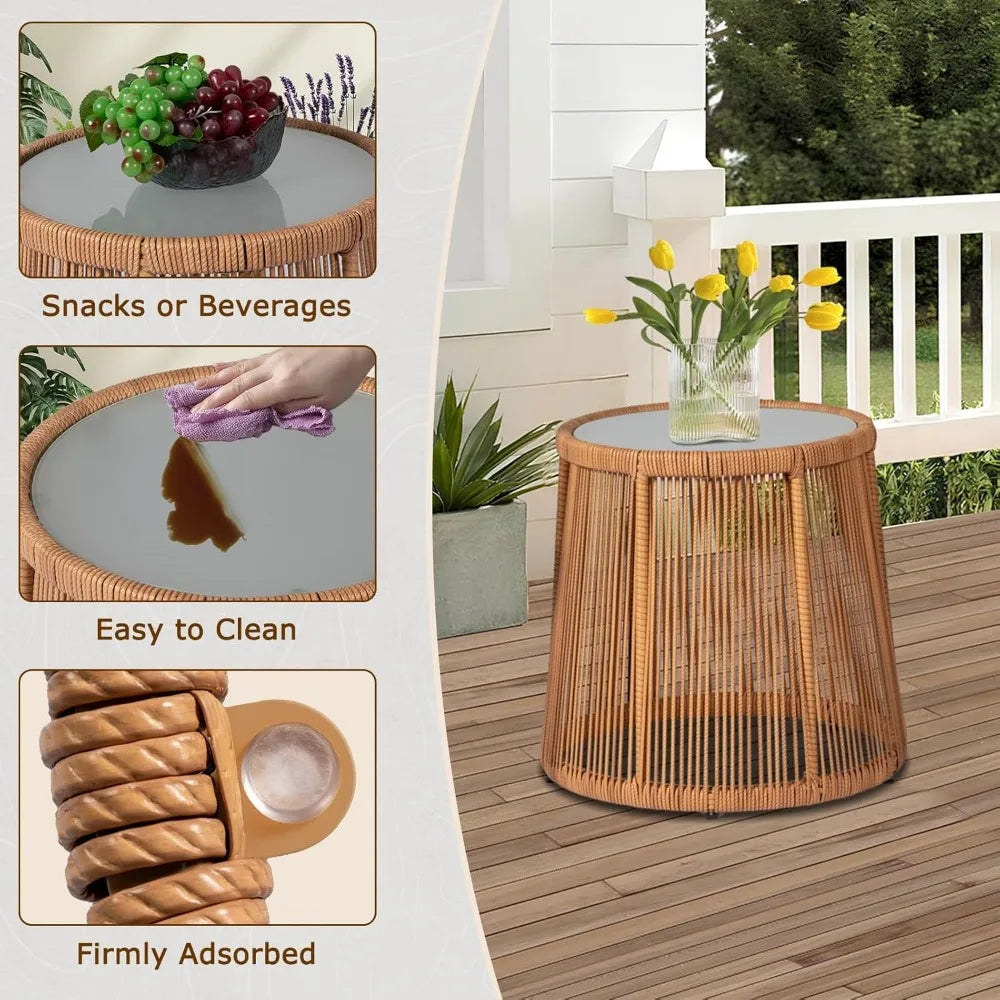3 Piece Outdoor Wicker Bistro Set, Patio Conversation Set, 2 Large Rattan Chairs W/Tempered Glass Table, Patio Furniture