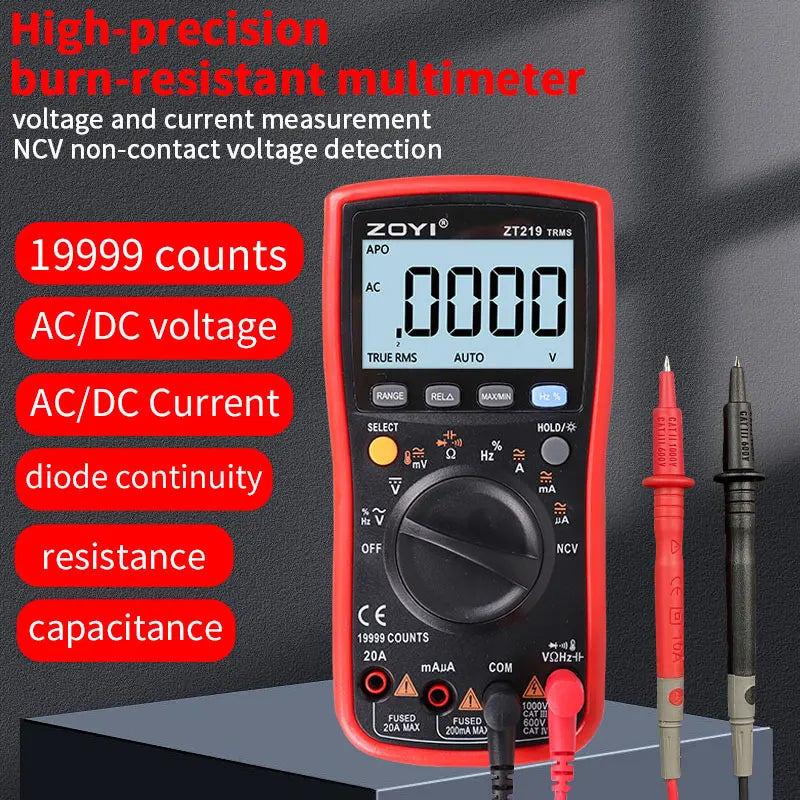 ZOYI Digital Multimeter ZT-219, all-function 4.5-digit true RMS high-precision multimeter with full-range burn-out protection.