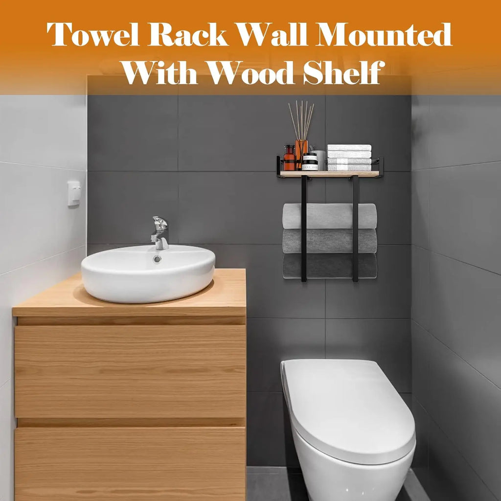 Towel Racks for Bathroom Wall Mounted, Metal Towel Holder with Wooden Shelf for Folding Large Towels, Towel Storage for Small Ba