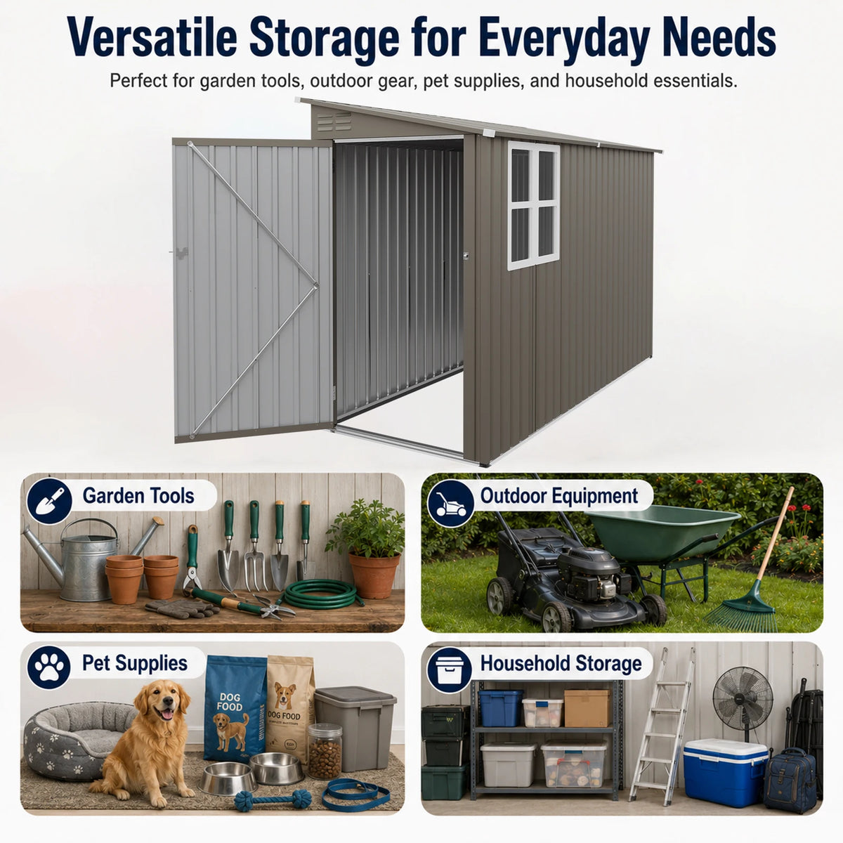4x9FT Olive Grey Metal Storage Shed, Galvanized Steel Tool House with Window & Thick Frame, Outdoor Garden Equipment Organizer for Backyard
