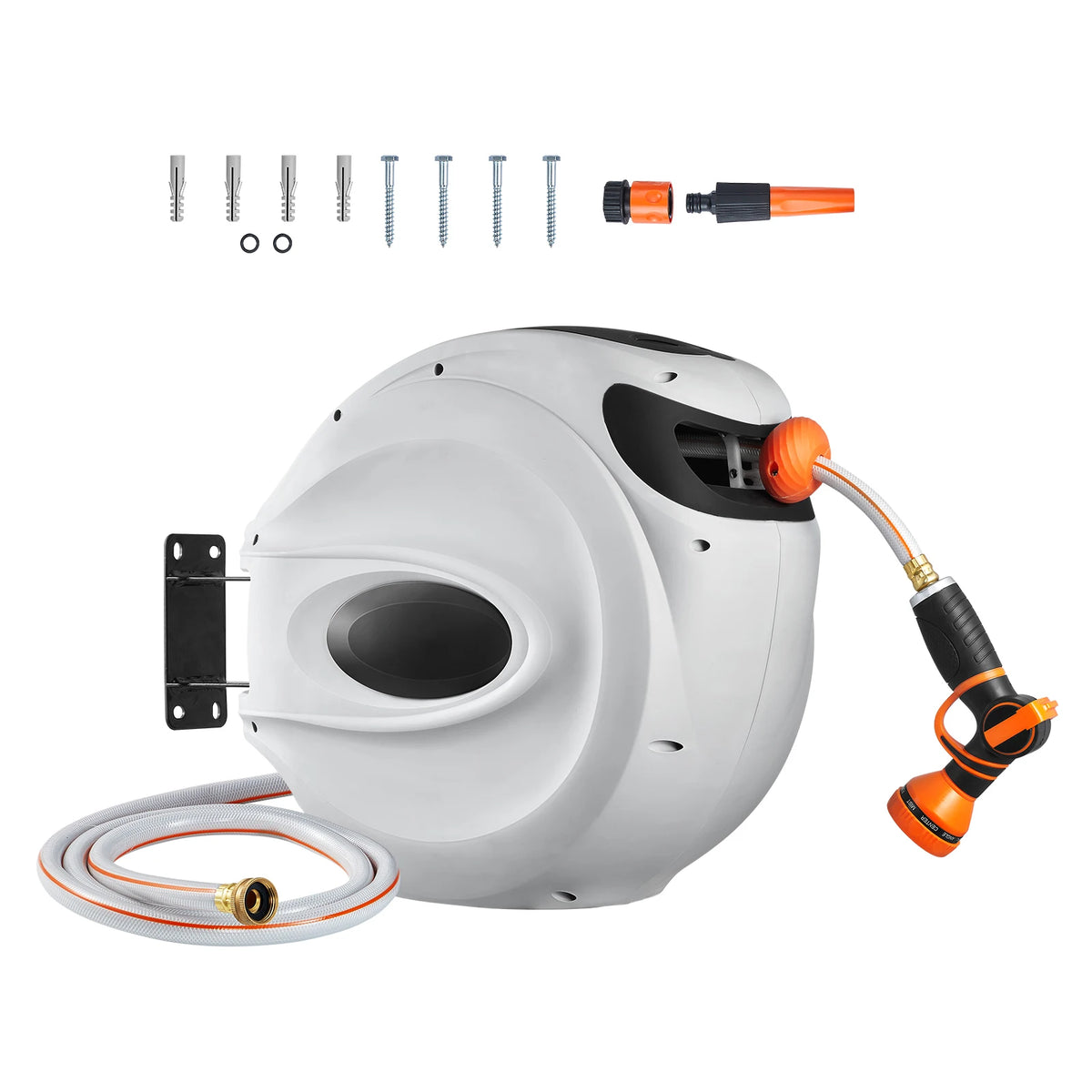SucceBuy Retractable Hose Reel 180° Swivel Bracket Wall-Mounted Garden Water Hose Reel with 9-Pattern Nozzle Automatic Rewind