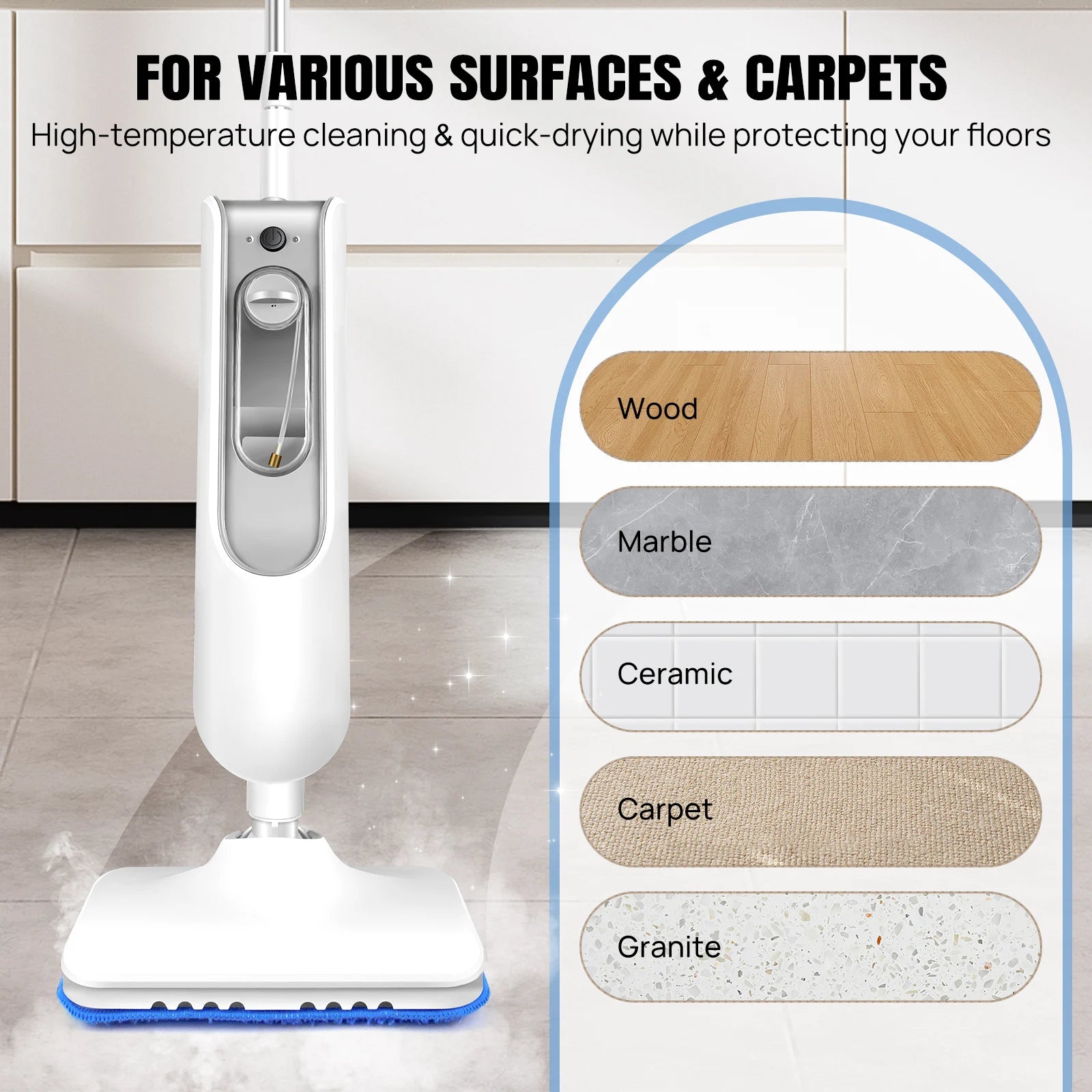 DayPlus Steam Mop 1500W Powerful Floor Steamer for Carpet Laminate Hardwood,2 Washable Pads, 400ml