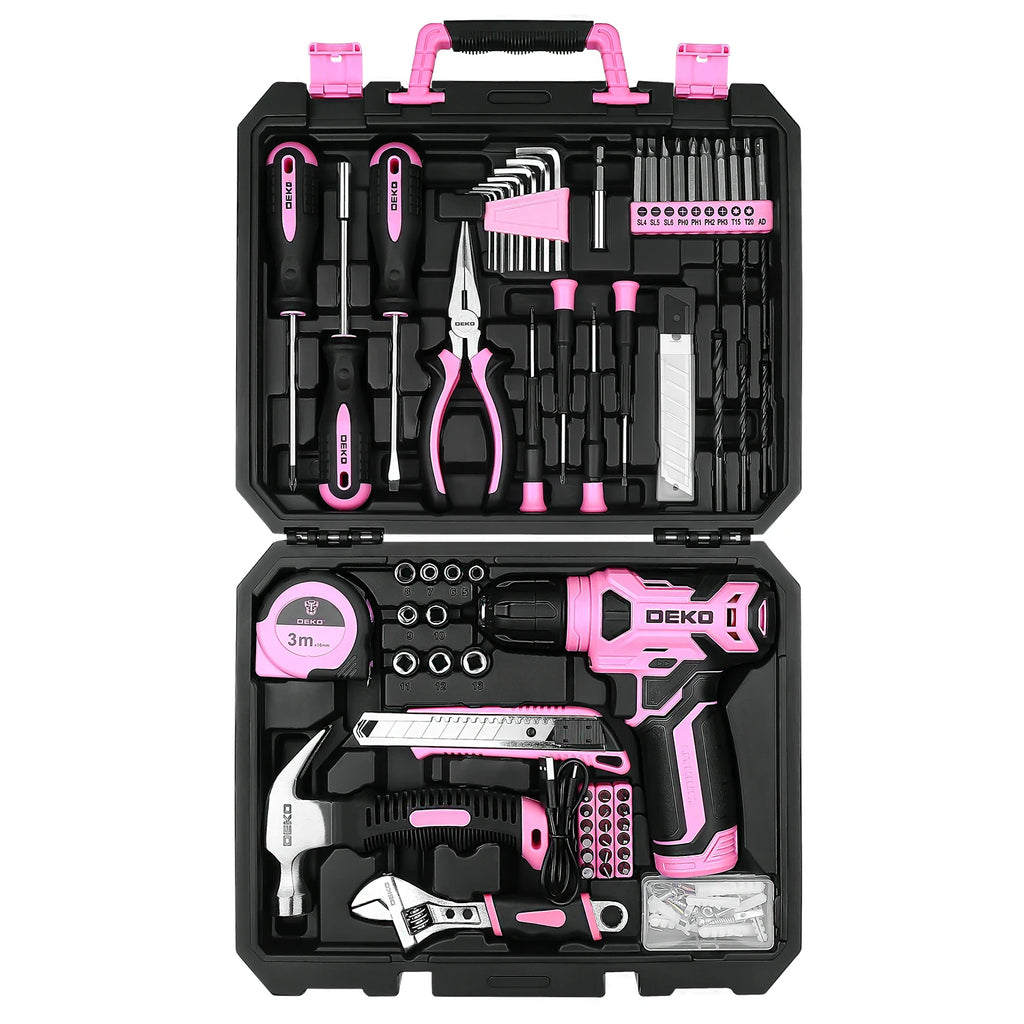DEKO 126Pcs Power Tool Combo Kits with 8V Cordless Drill,10MM 3/8'' Keyless Chuck,Professional Home Household DIY Hand Tool Kits