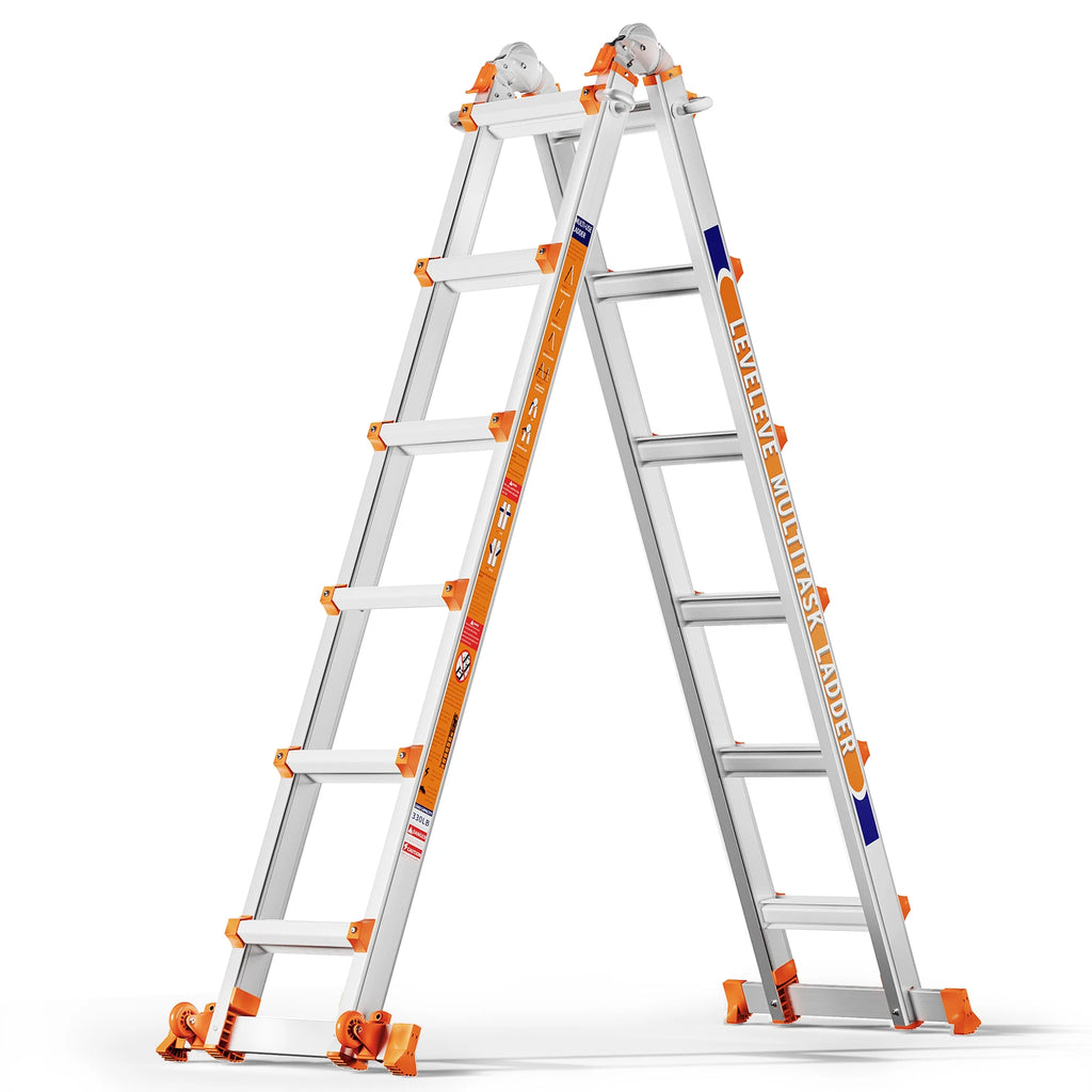 LEVELEVE 22FT Multi Position Ladder,A Frame 6 Step Ladder with Stabilizer Bar & Wheels,330 lbs Security Load