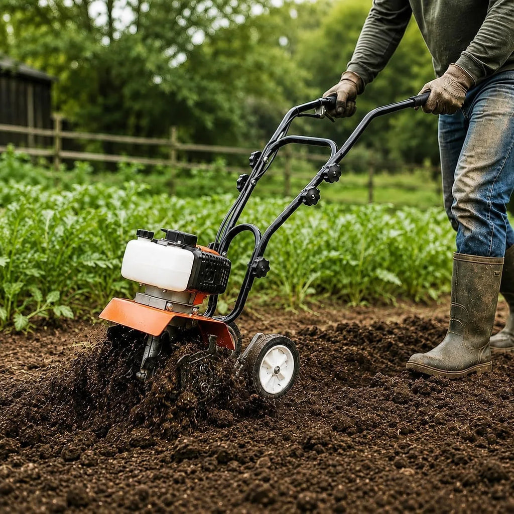 52CC Gas Powered Tiller Cultivator 2 Stroke Engine Garden Rototiller with Adjustable Steel Tines 11.8 Inch Working Width Soil Cultivator for Vegetable Garden Flower Bed Yard Field Farming