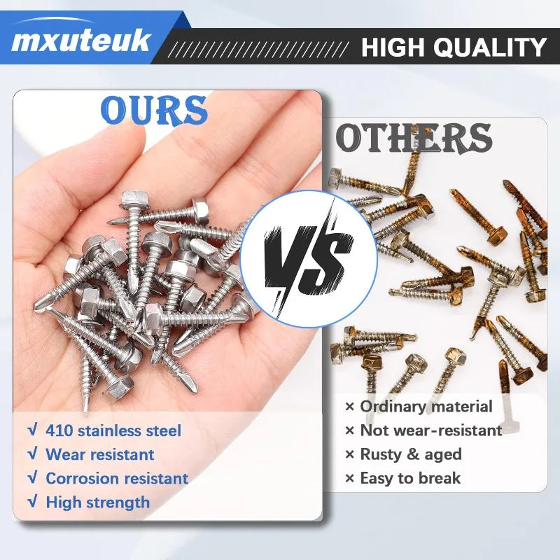 MXUTEUK Stainless Steel Self-Tapping Screws Hexagonal Drill Tail Self Tapping Screw Self Drilling Screw for Wood Sheet Metal Fastener