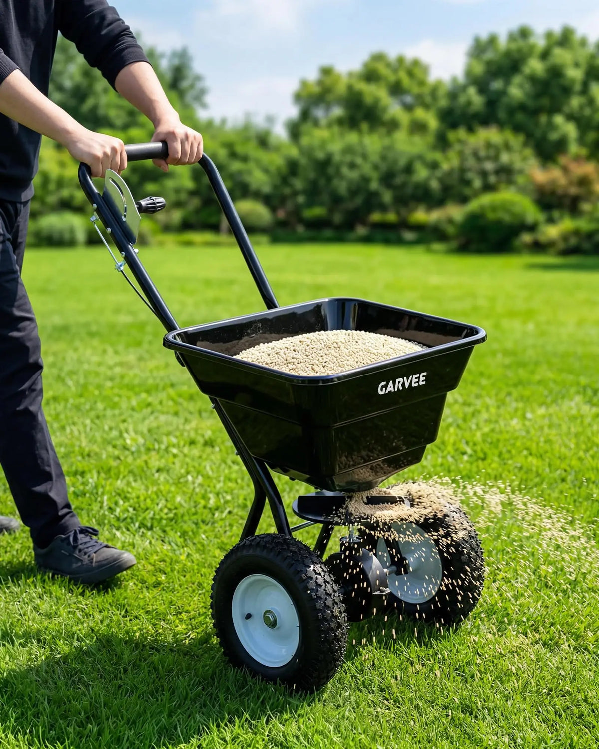Garvee Heavy Duty 80LB Lawn Spreader, Walk Behind Broadcast Spreader With 12FT Coverage, 13in Wheels For Seed Fertilizer Salt