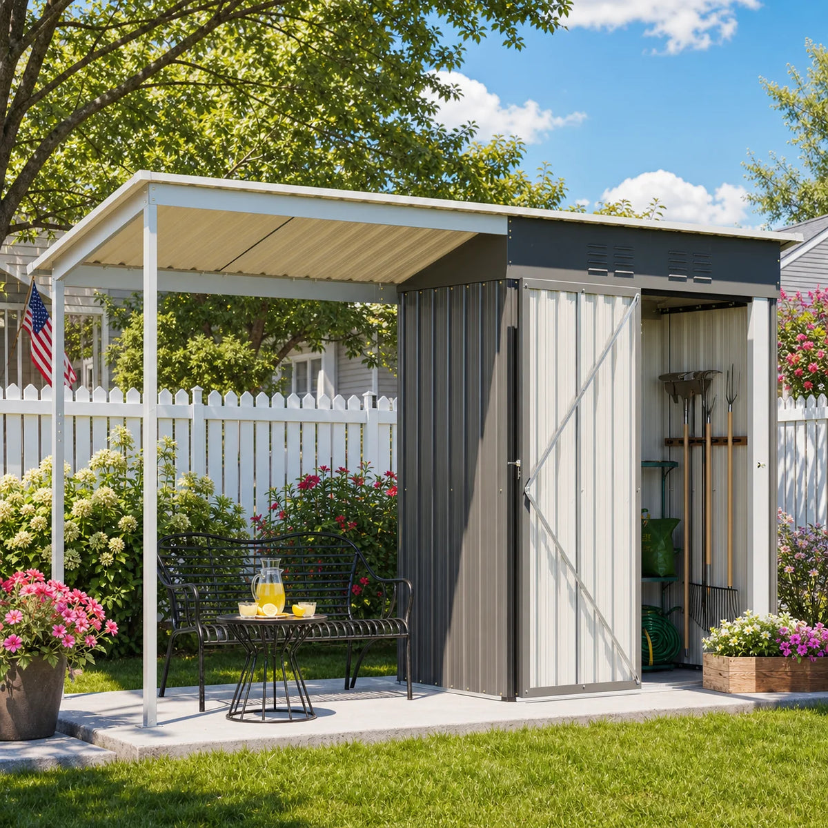 Thanaddo 5x3 FT Metal Outdoor Storage Shed with Attached Hardtop Pergola, Lockable Double Door Garden Tool House with 2 Air Vents, Sloped Weatherproof Roof