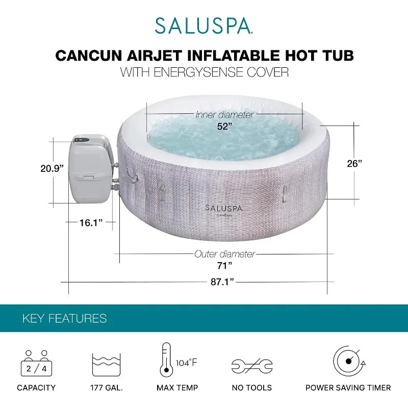 Bestway SaluSpa Cancun 2-4 Person Inflatable Hot Tub, Round Energy-Efficient Portable Spa with 120 AirJets, 71" x 26"