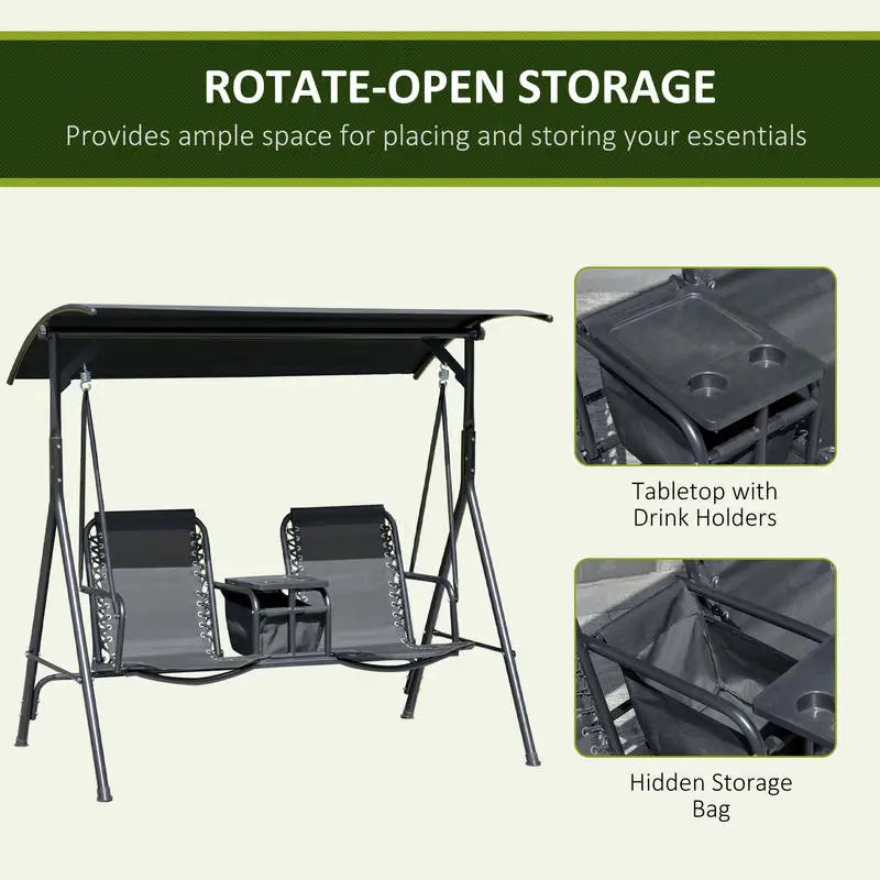 Outsunny 2-Seat Outdoor Porch Swing, with Pivot Storage Table, Cup Holder, & Adjustable Overhead Canopy, Stand's Skid-Resistant Feet Pad, Breathable Mesh Seat, Steel Frame, for Patio, Black