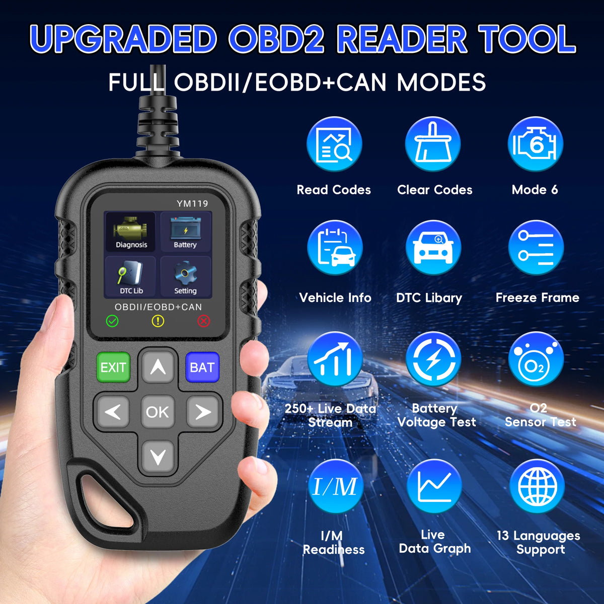 RUOGINSS Car Code Reader, OBD2 Scanner Diagnostic Tool for Cars and Trucks, Check Engine Code Reader, OBD2 Scanner with Reset,