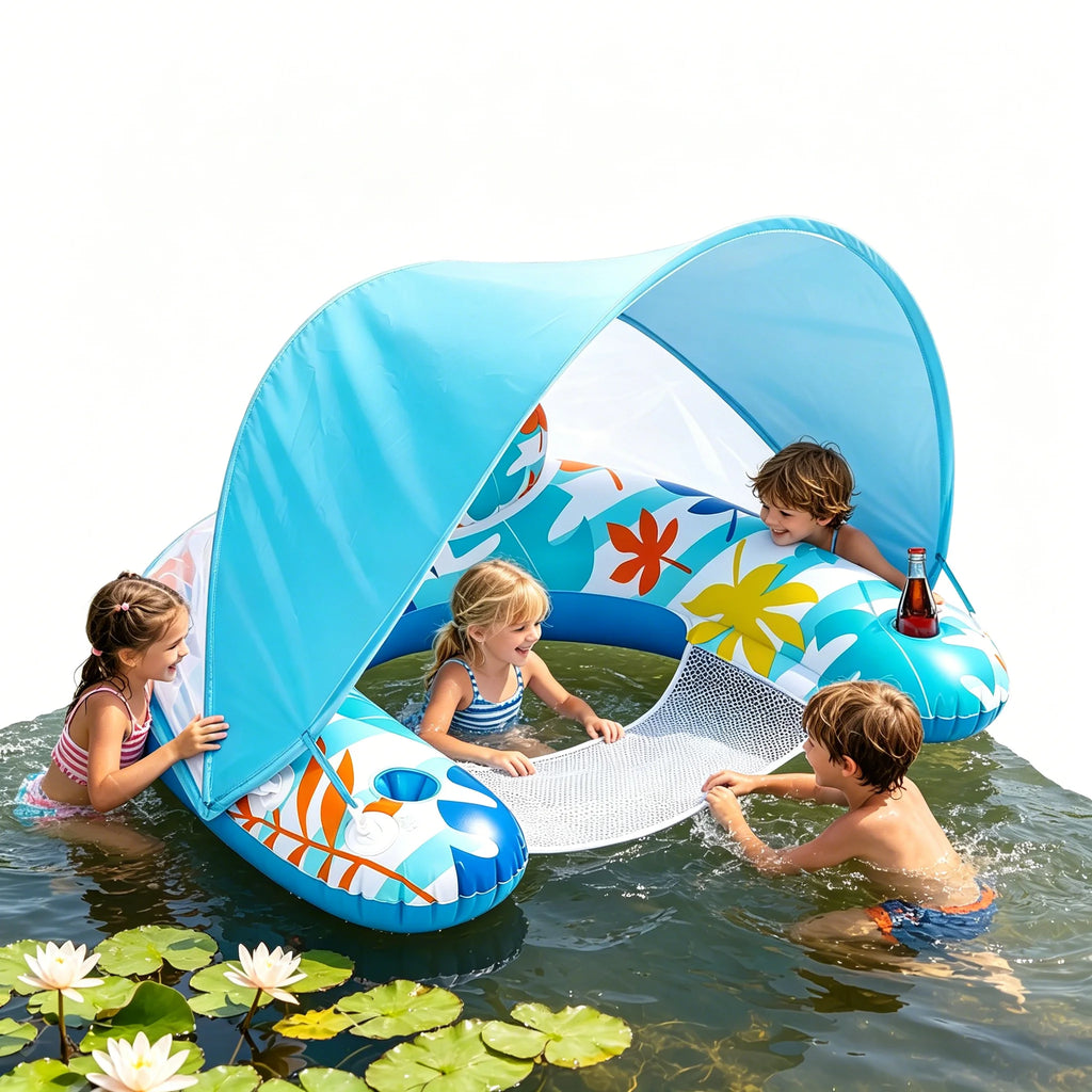 Pool Float with Adjustable Canopy, Adult Inflatable Lounge Chair Float, Leisure Water Toy with Sun Shade, Cup Holder and Phone Holder for Pool, Beach & Lakeside Relaxation