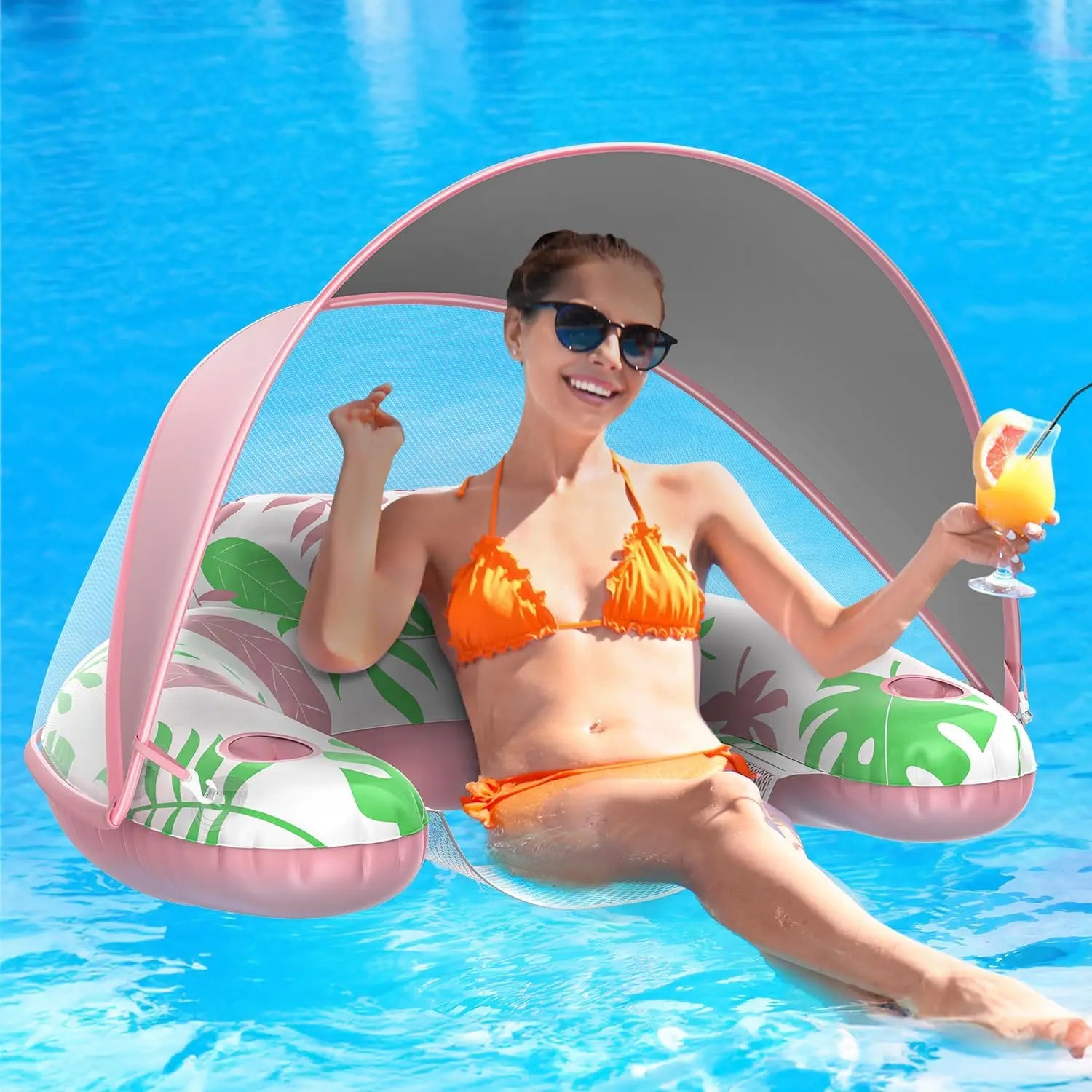Pool Floats Adult with Adjustable Canopy, Inflatable Pool Float Chair with Cup and Drink Holder, Sunshade UPF50+, for Pool Beach