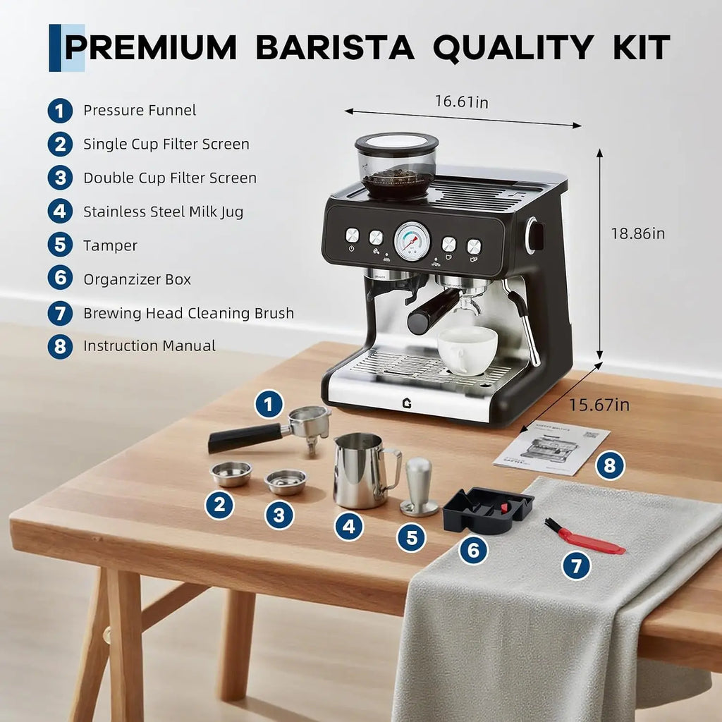 HiMiss Espresso Machine With Grinder 20 Bar Stainless Steel Pressure Maker Featuring Removable 2.8L Water Tank Adjustable Shot Volume Professional For Home Barista And Office