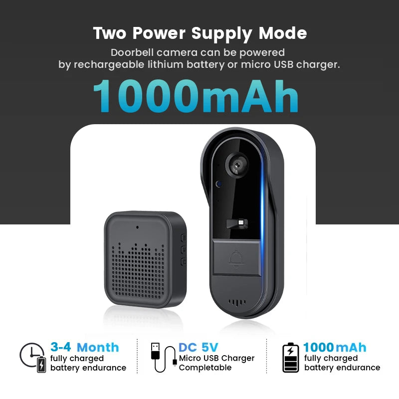 Tuya WiFi doorbell, 2-way HD 1080P, microSD/cloud, waterproof, 1000mAh battery, long standby, Wireless Security Camera