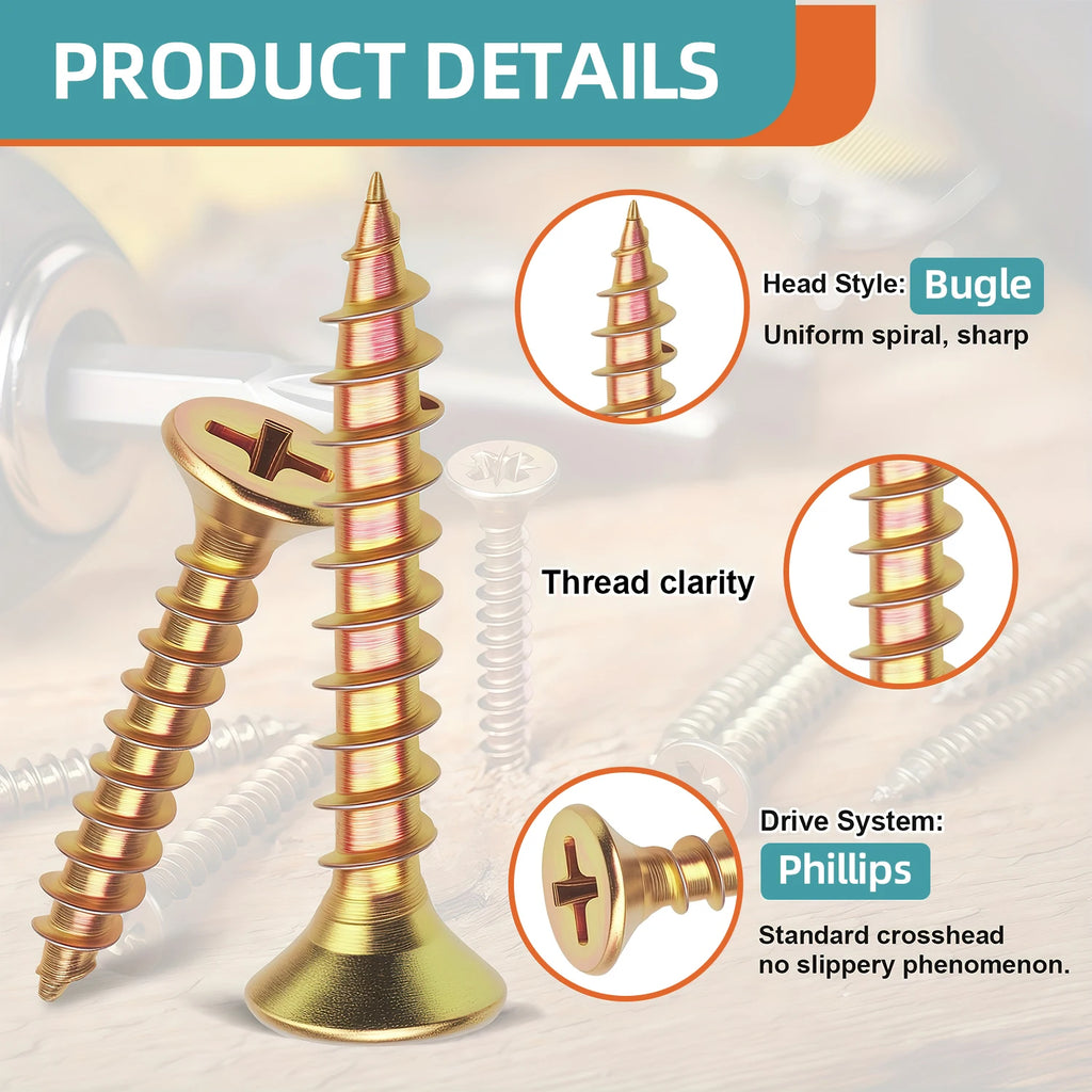 1350pcs Carbon Steel Phillips Wood Screws Assortment Kit, Flat-Head And Phillips Designs, Common Sizes M3.5/M4/M5/#8, Heavy Duty Self-Tapping Fasteners with Anti-Slip Matching Wrench, Sturdy Double Layer Storage Box, Hardware