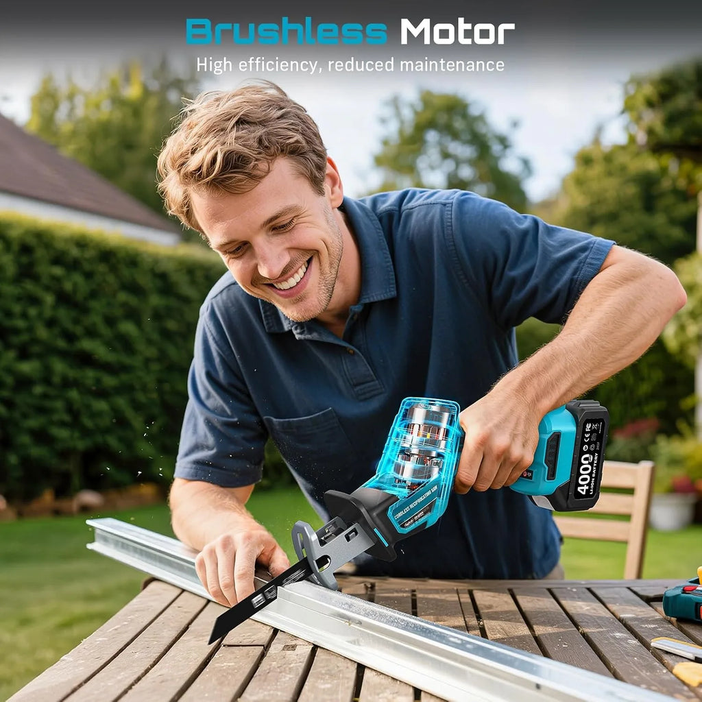 SEESII Cordless Reciprocating Saw, Variable Speed, 3500 RPM Brushless Motor, Portable Saw with 6 Saw Blades, 2 x 4.0Ah Batteries, For Wood & PVC Cutting