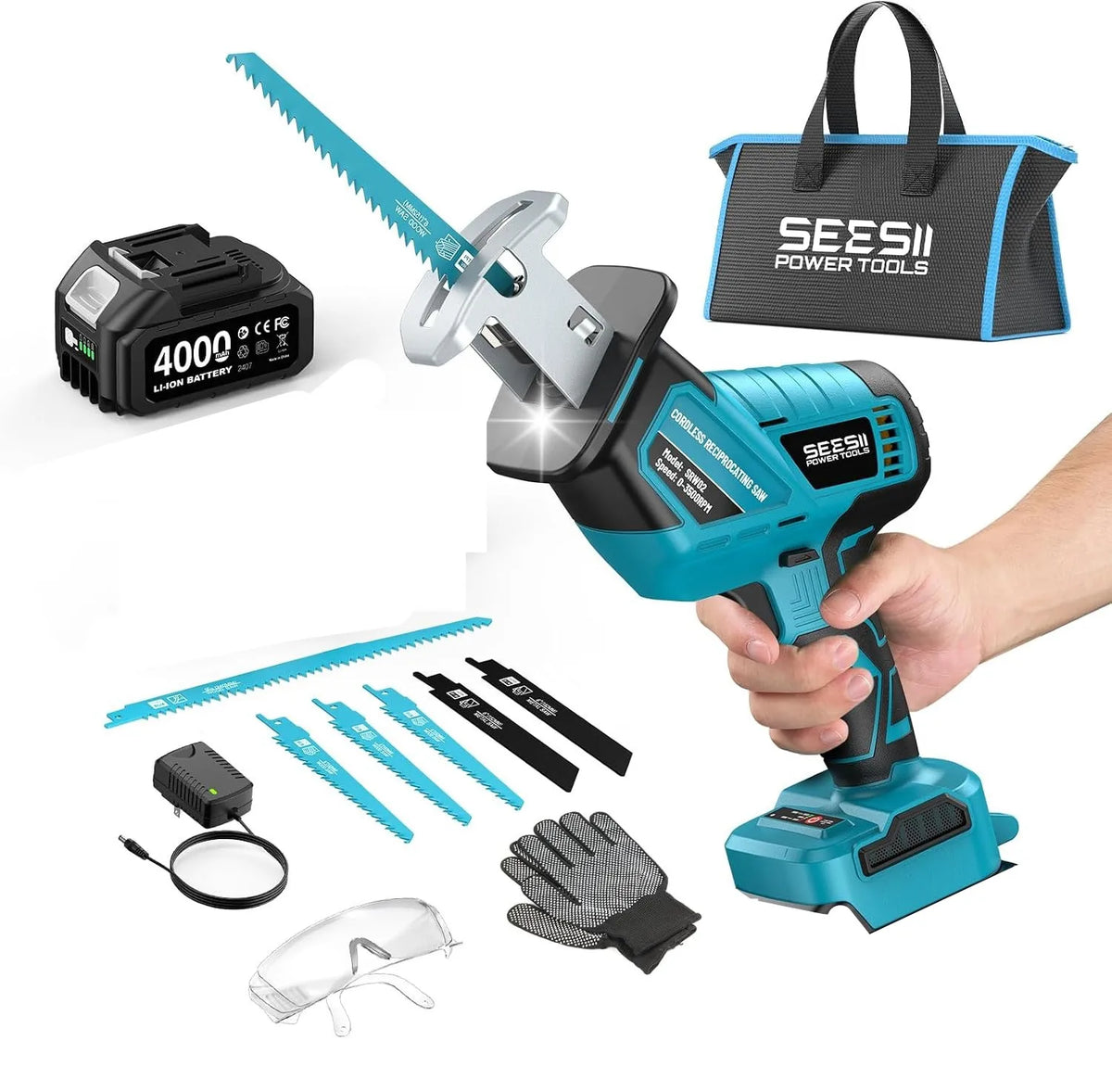 SEESII Cordless Reciprocating Saw, Variable Speed, 3500 RPM Brushless Motor, Portable Saw with 6 Saw Blades, 2 x 4.0Ah Batteries, For Wood & PVC Cutting