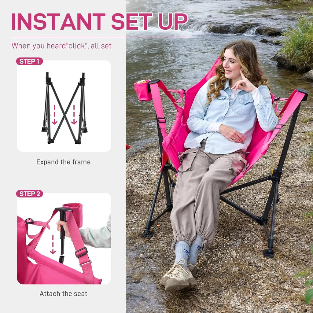 Padded Oversized Hammock Camping Chair, Compact Heavy Duty Swing Chair with Multi-Storage Pockets, Portable Folding Rocking Camp
