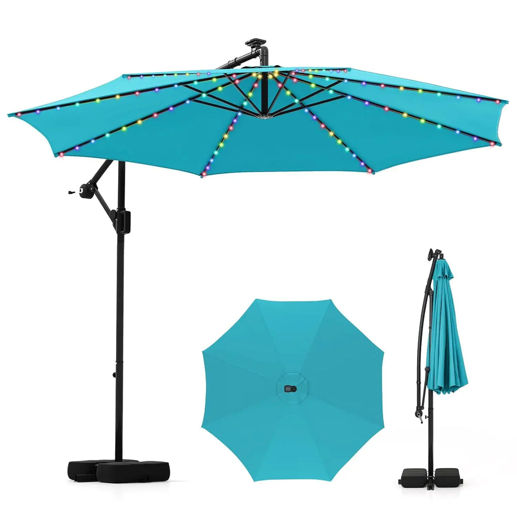 10 FT Solar Patio Umbrella with Base Included, Cantilever Offset Hanging Outdoor Umbrella with 96 Multi-Colored Solar Lights