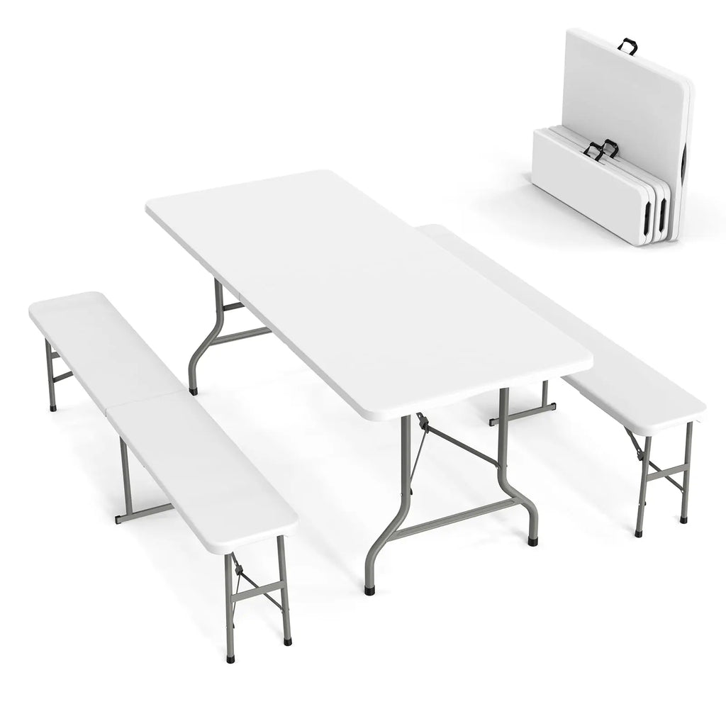 VINGLI 6 Feet 3-Piece Picnic Table Set with 2 Benches Folding Indoor Outdoor Furniture Smooth Tabletop White
