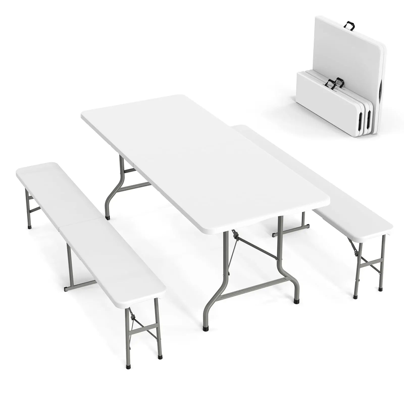 VINGLI 6 Feet 3-Piece Picnic Table Set with 2 Benches Folding Indoor Outdoor Furniture Smooth Tabletop White