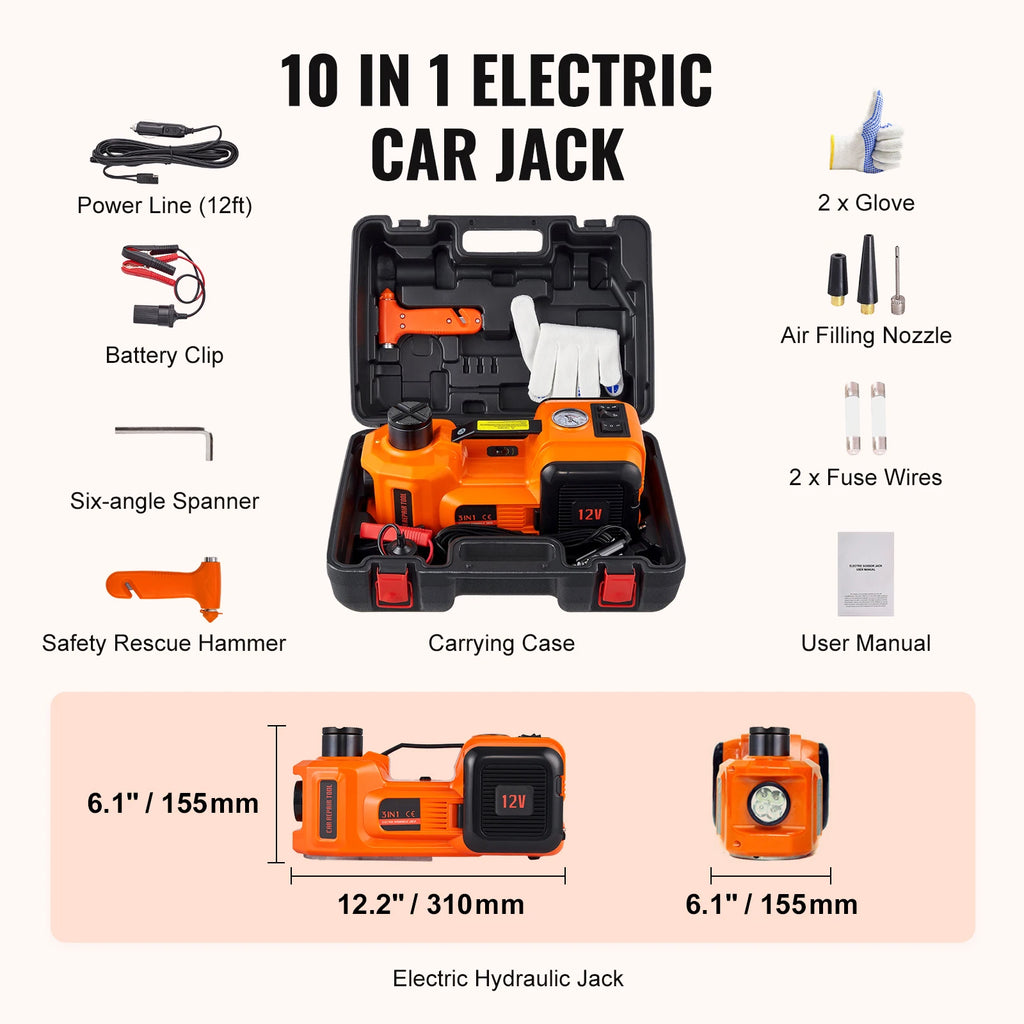 Electric Car Jack, 3 Ton Scissor/Hydraulic Jack, 12V Electric, Automatic, Carrying Case