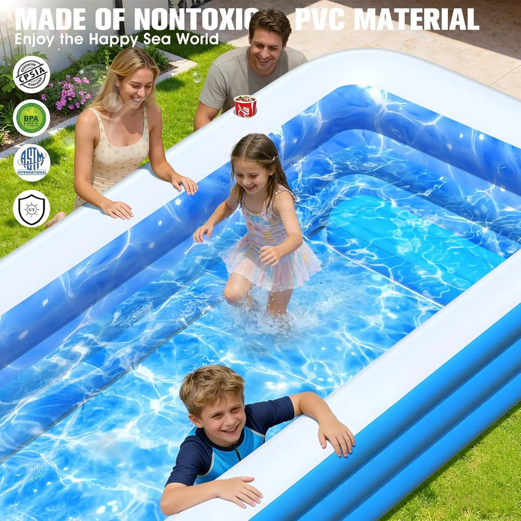 Inflatable Pool with Seat and Pool Lights, Durable Thickened Large Size Family Inflatable Pools for Adults Blow Up Pools,110" x