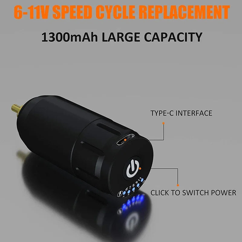 Wireless Rotary Tattoo Pen Kit – Mini Rocket Tattoo Machine Set with 1300mAh Battery, Adjustable 6–11V Speed Control, Type-C Charging