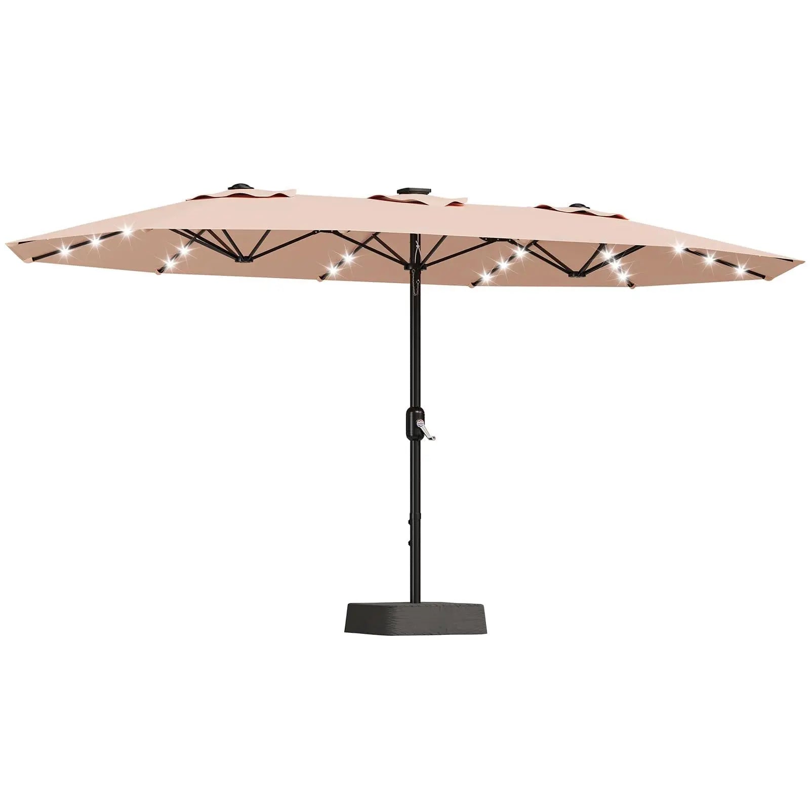 15Ft Outdoor Patio Umbrella, Umbrella With Solar LED Lights & Base, Large Rectangle Sunshade W/Crank Handle, UV Protection For Pool/Lawn