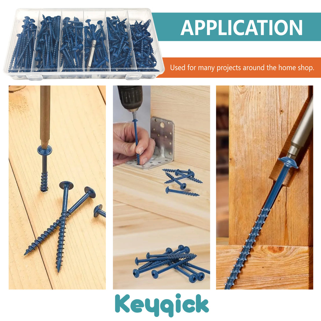 Keyqick 225pcs Square Hole Screw Combination, 5 Sizes, #8 Pocket Screw, Blue Anti Rust Coated Pocket Hole Screw, Used for External, Square Drive, Including Drive Head, Multifunctional Durable Wood Screws, Suitable for Home/In